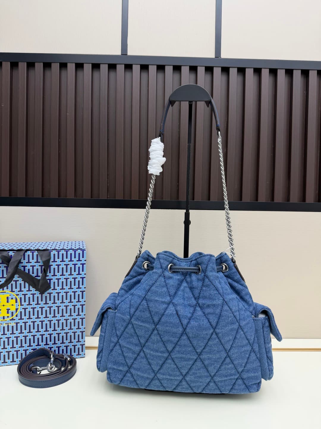 Tory Burch Charlie Quilted Denim Drawstring Shoulder Bag High