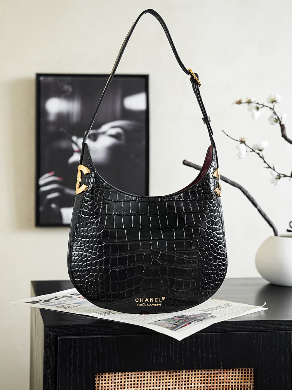 Chanel Hobo bag Prominent Crocodile-embossed & Gold-tone Metal A68011 A