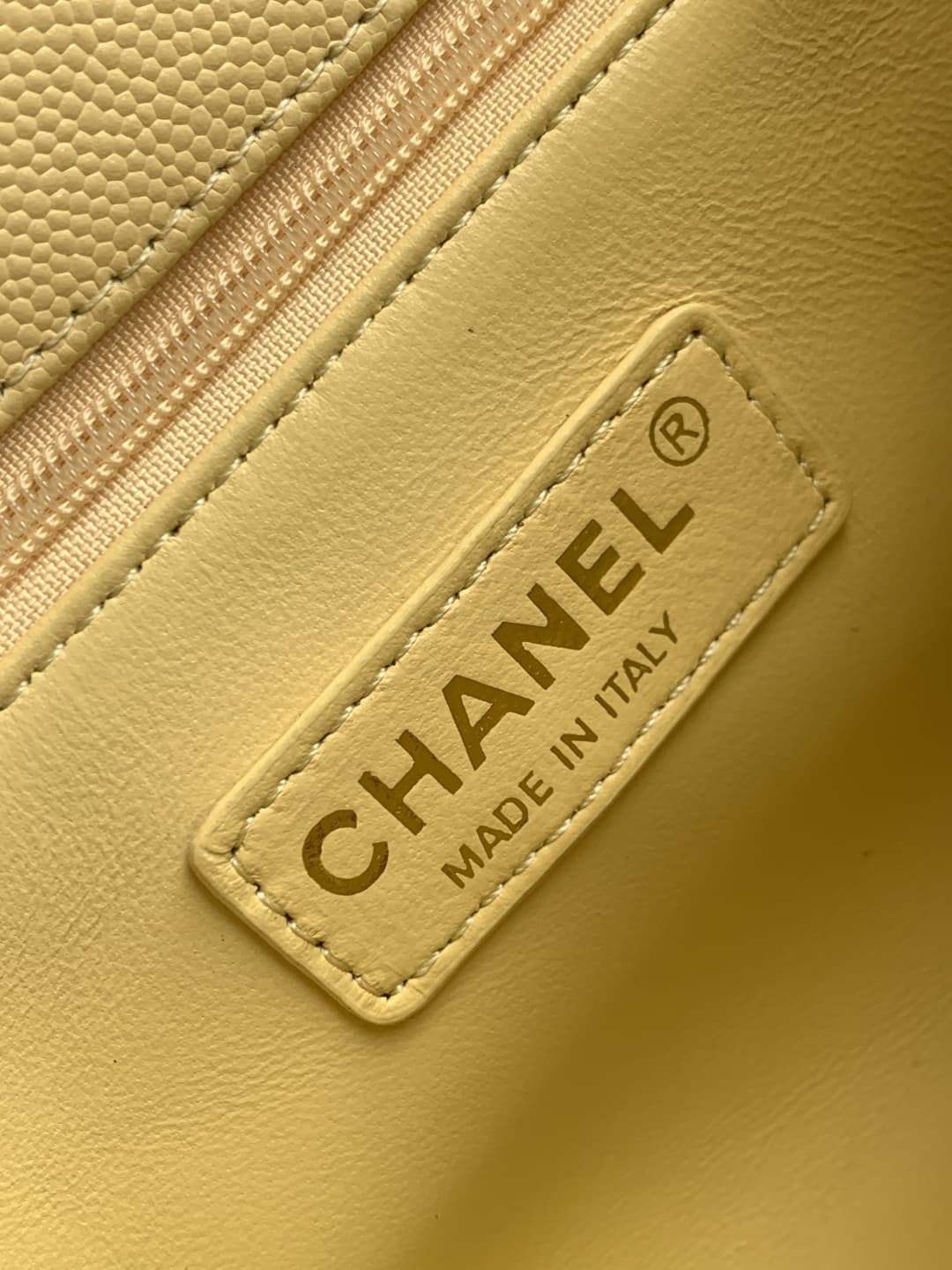 FLAP BAG WITH TOP HANDLE Grained Calfskin & Gold-Tone Metal A92990 Light-Yellow Binding A