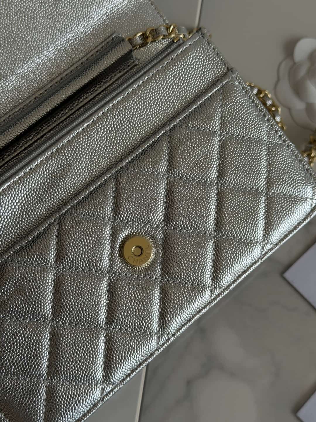 Chanel Wallet on Chain Shiny Grained Calfskin Strass & Gold-Tone Metal Silver AP5073 High