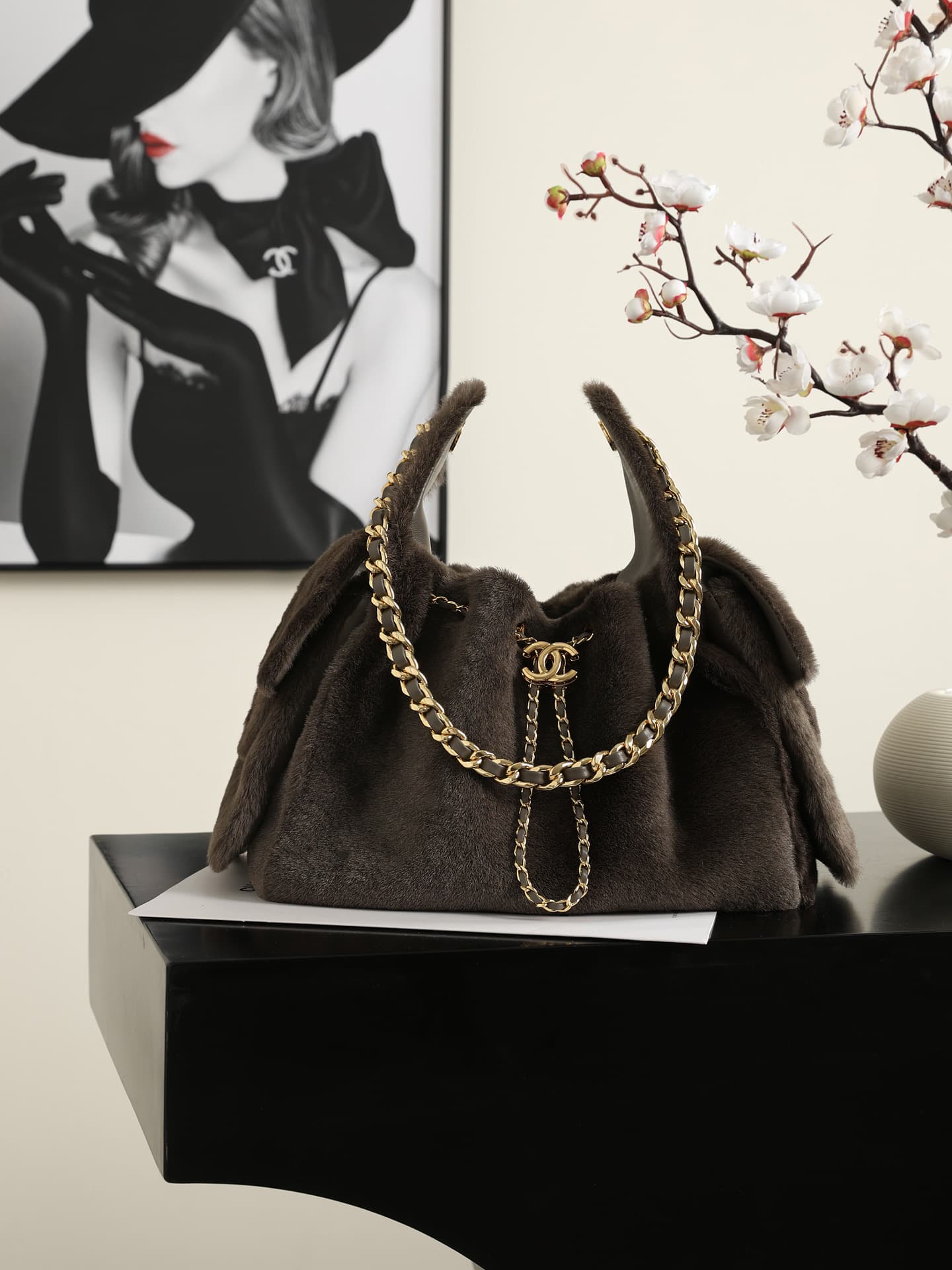 Chanel 25 Small Hobo handbag AS5293 Pony Hair& Gold-Tone Metal Dark Khaki AS5293 A
