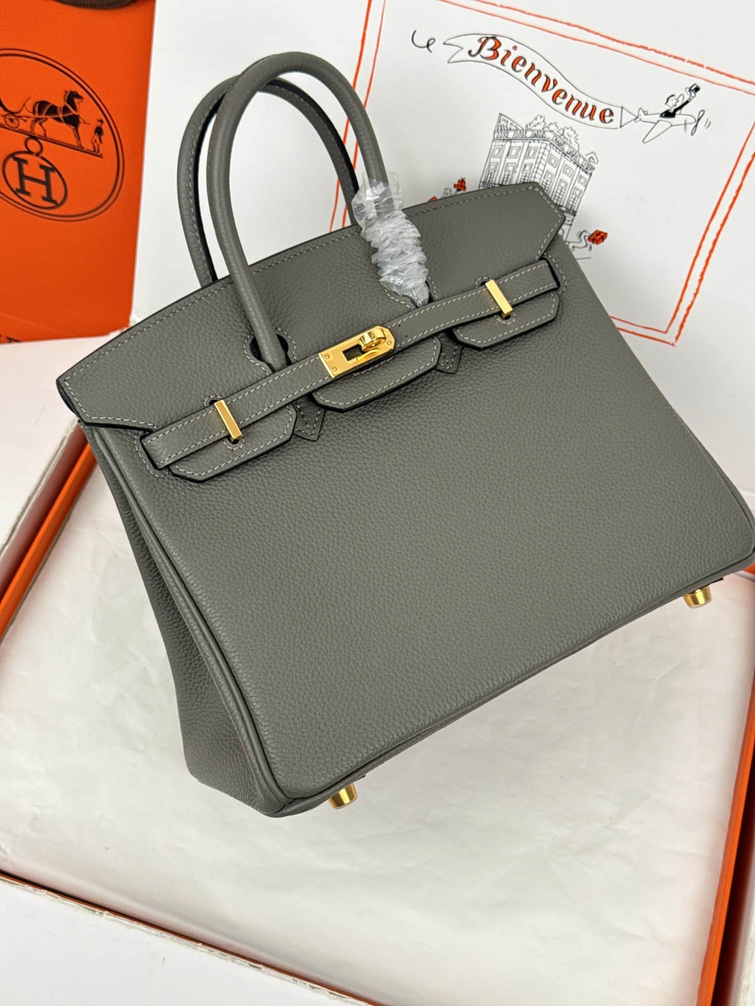 Hermes Birkin 25/30 Bag Togo Calfskin Leather Gris Meyer High