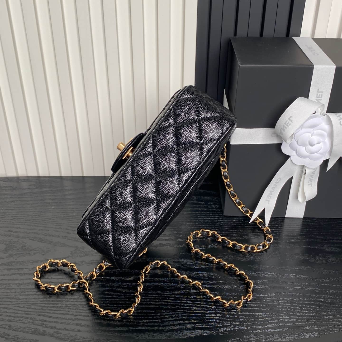Chanel Mini Flap Bag with Top Handle Grained Shiny Calfskin &  Gold-Tone Metal Black AS5702 A