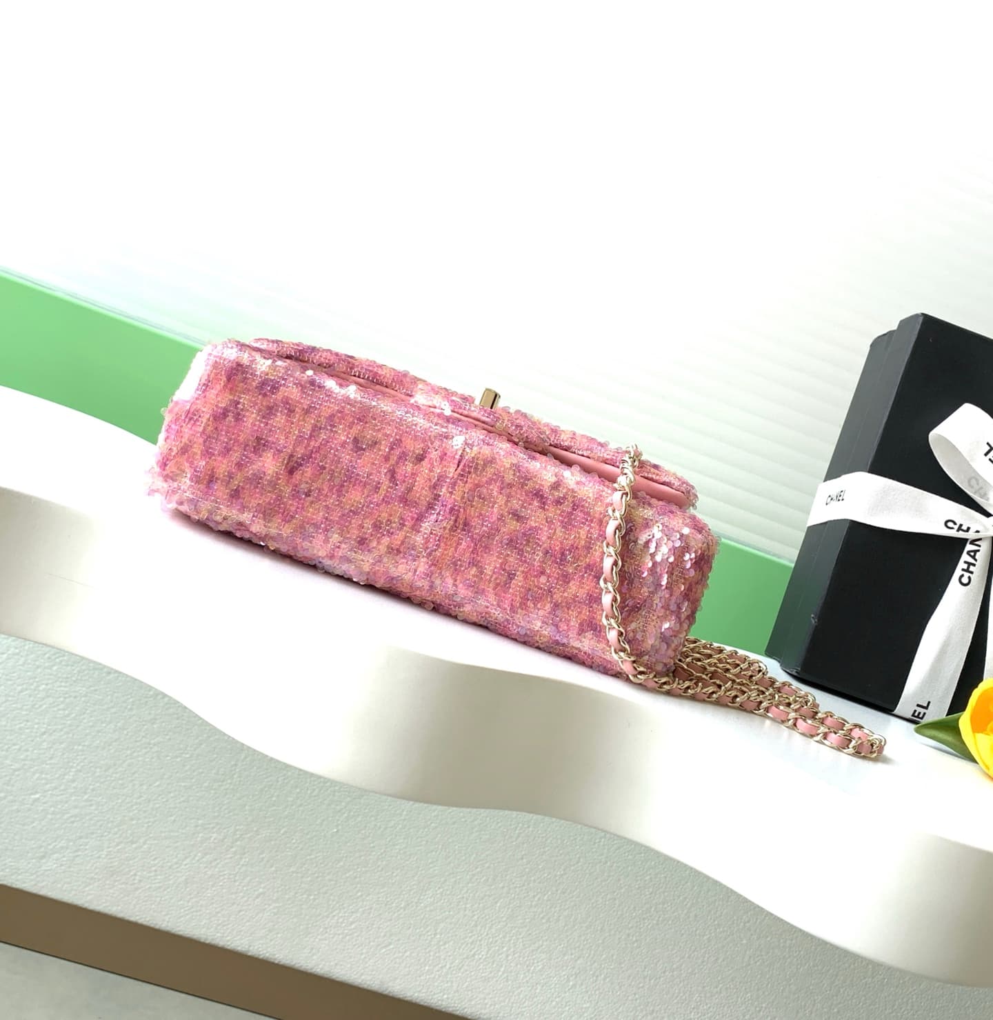 Chanel Flap Bag Sequins & Gold-Tone Metal Pink AS4561  A