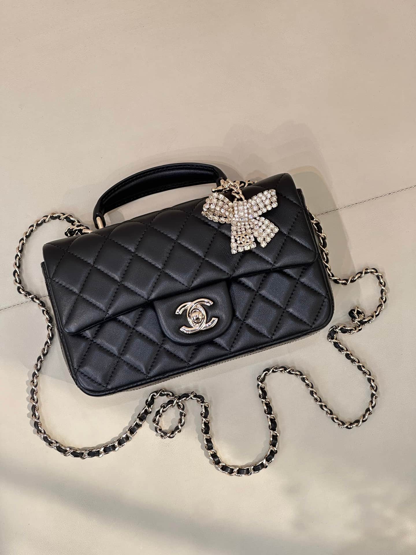 Chanel Mini Classic Handbag Lambskin Strass & Gold-Tone Metal AS2431 black TOP