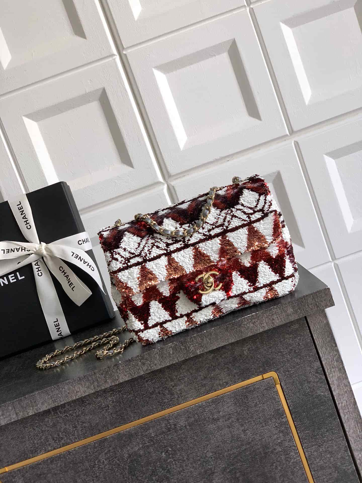 Chanel Classic Mini Flap Bag Sequins Embroidery & Gold-Tone Metal Multicolor 6171 A