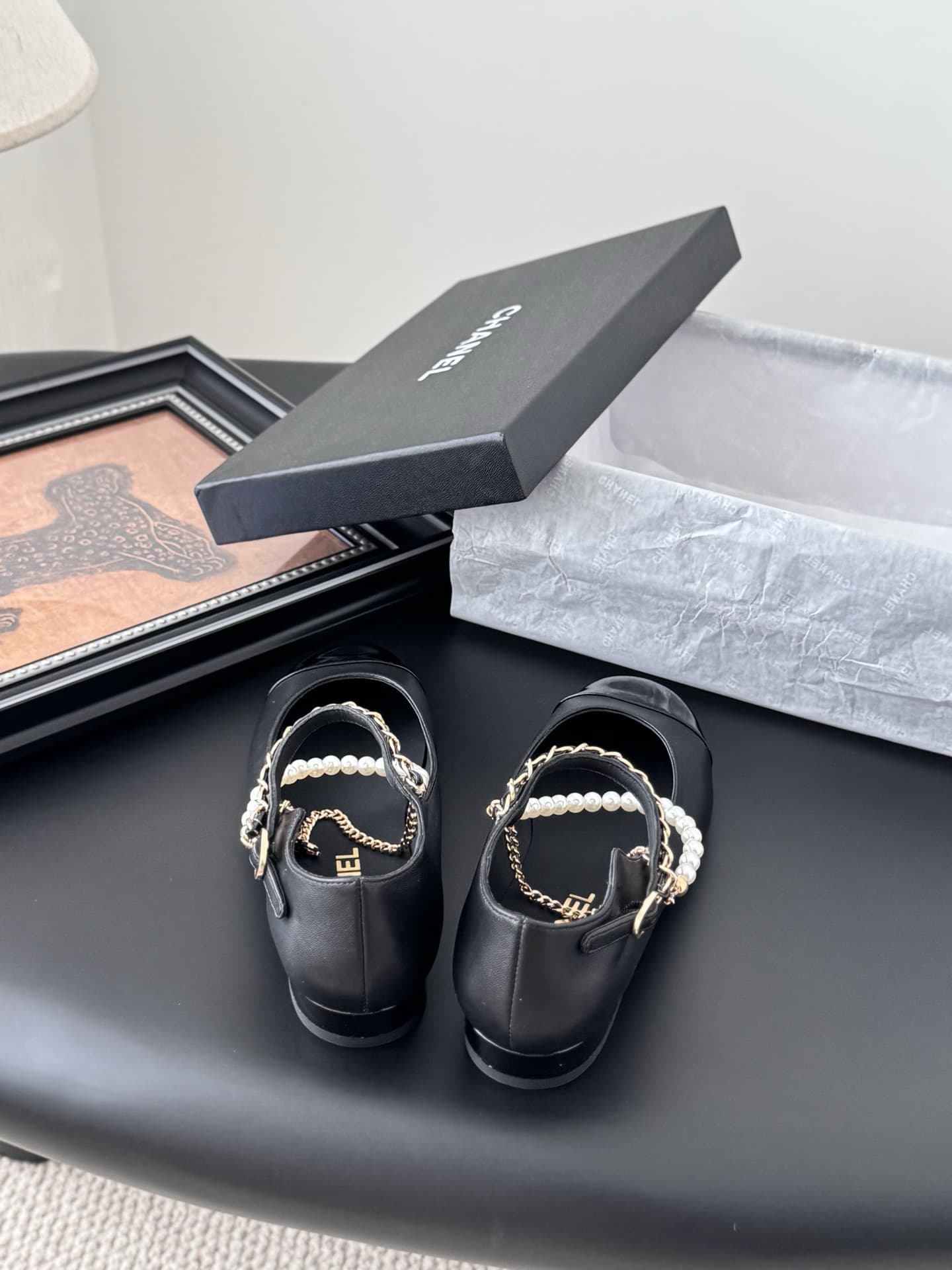 Chanel Lambskin Cap Toe Ankle Chain Ballerina Flats Shoes Women