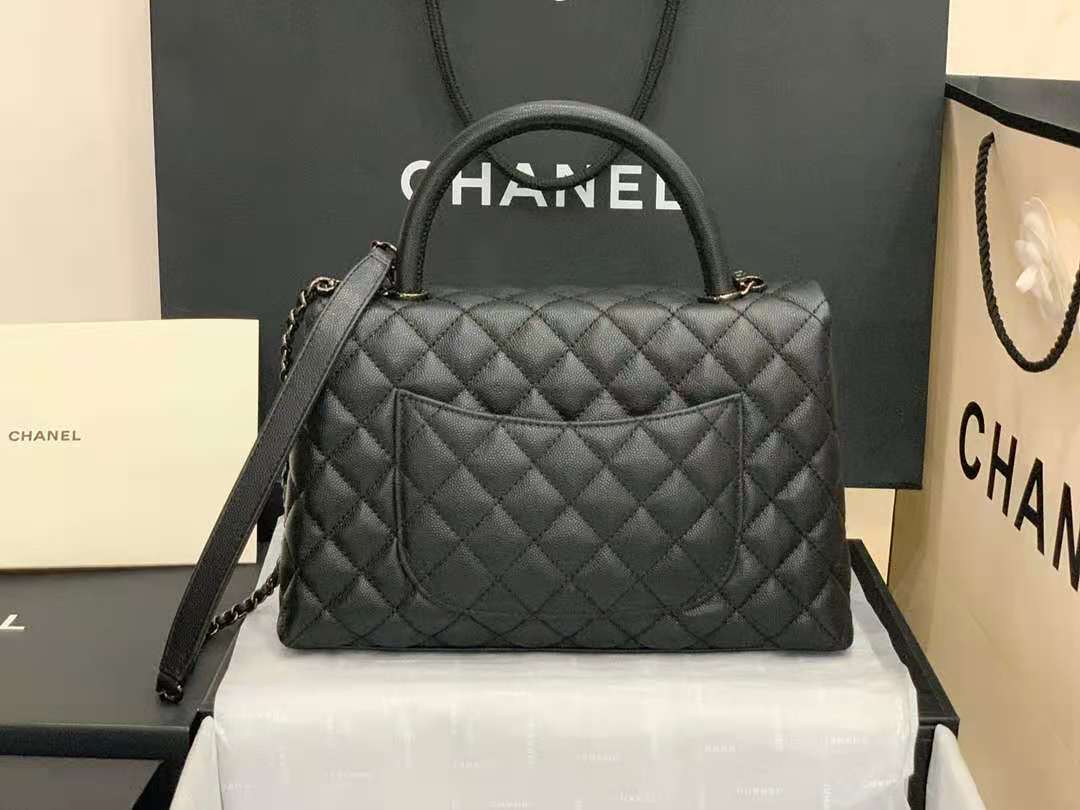 Medium FLAP BAG WITH TOP HANDLE Grained Calfskin Black Pewter-Tone Metal High