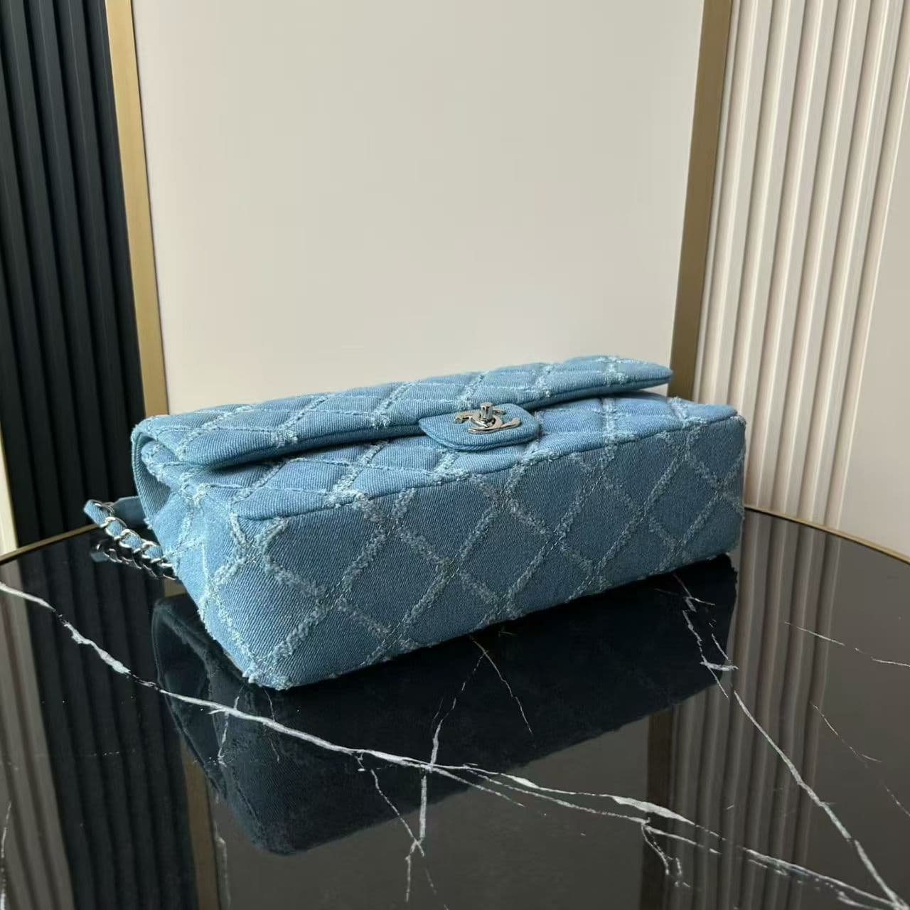 Chanel Medium Flap Bag Distressed Quilted Denim & Silver-Tone Metal Blue A