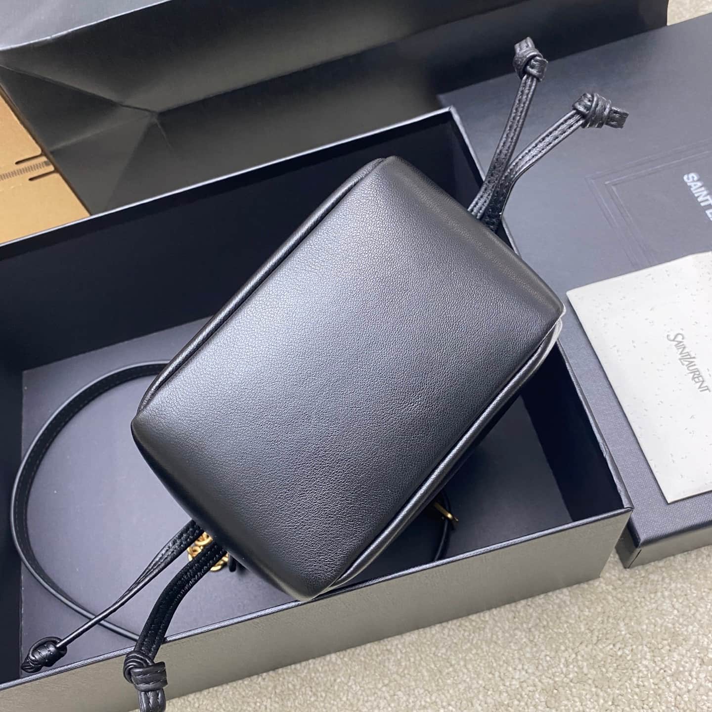 Saint Laurent Jamie Mini Leather Bucket Bag Black Lambskin 859174 High