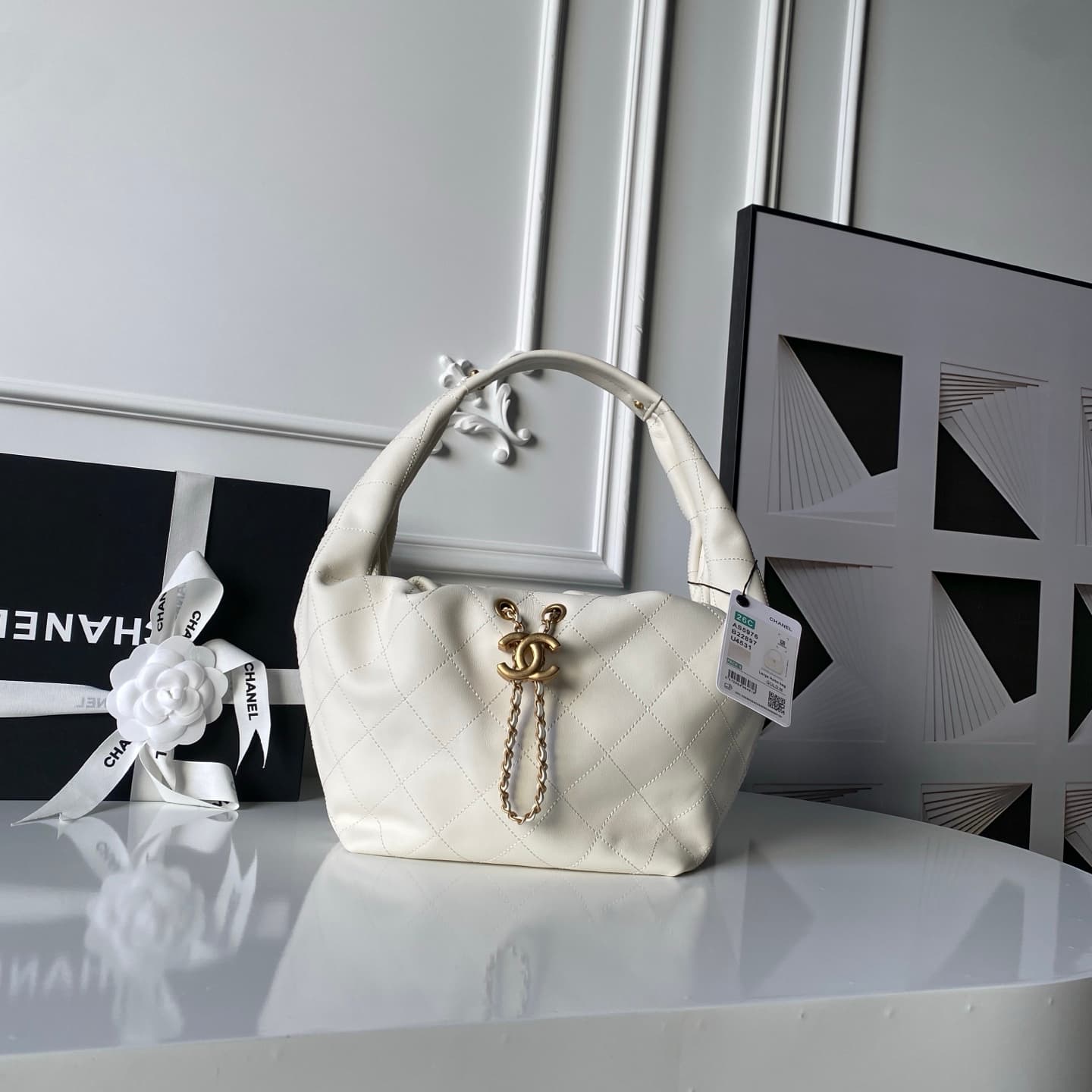 Chanel Hobo Handbag Calfskin & Gold-Tone Metal AS5976 White A