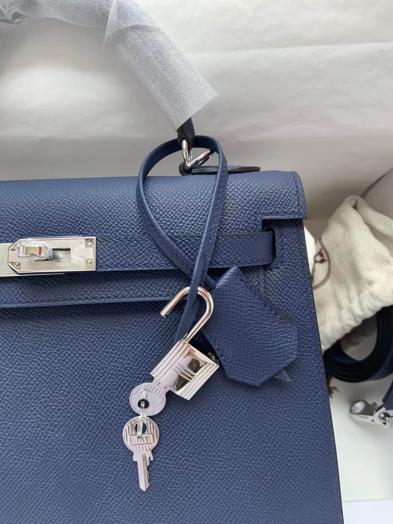 Hermes Kelly 25/28cm Sellier Bag Epsom Leather Silver/Gold Metal In Navy WAX High