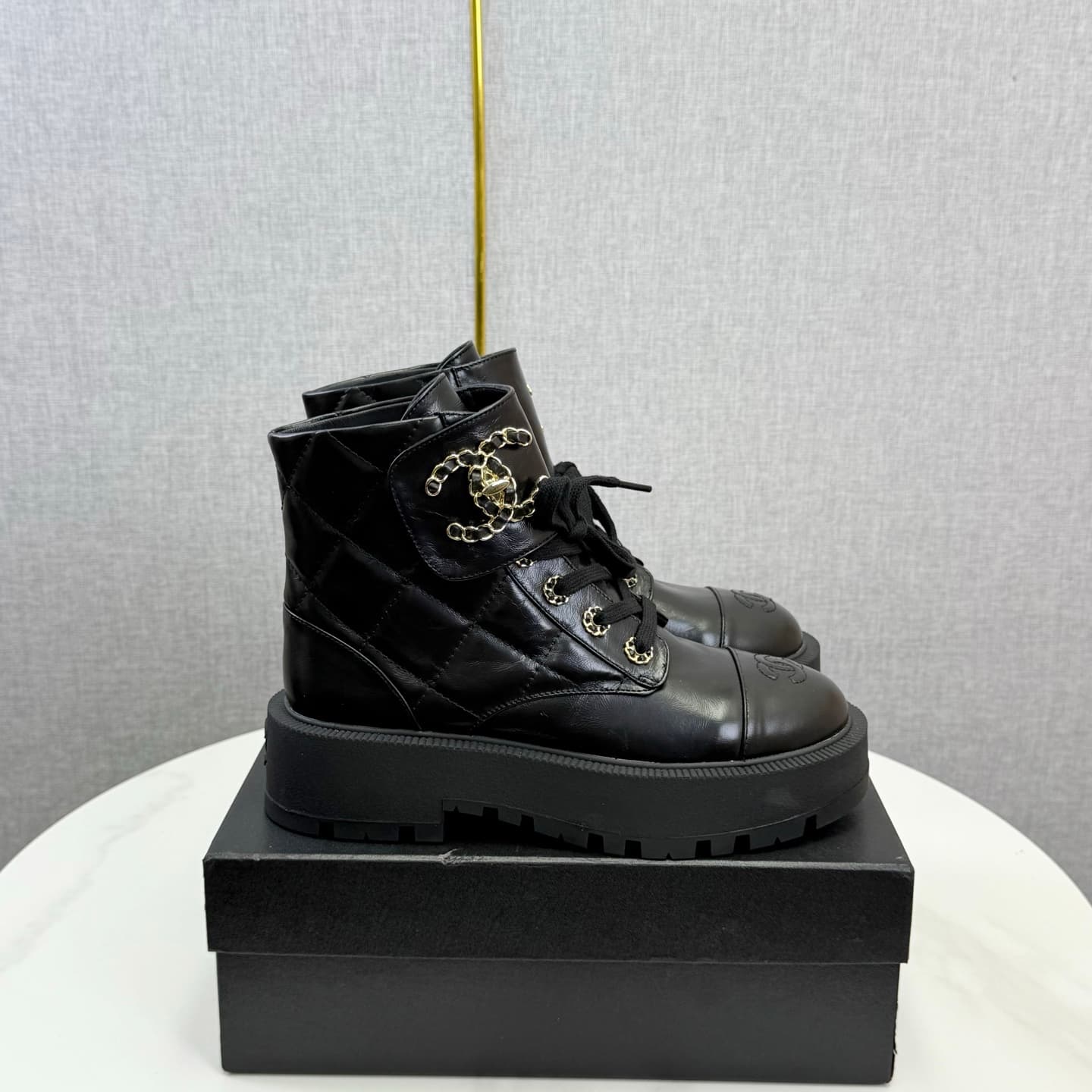 Chanel Shiny Calfskin Quilted Lace Up Combat Boots Shoes Women