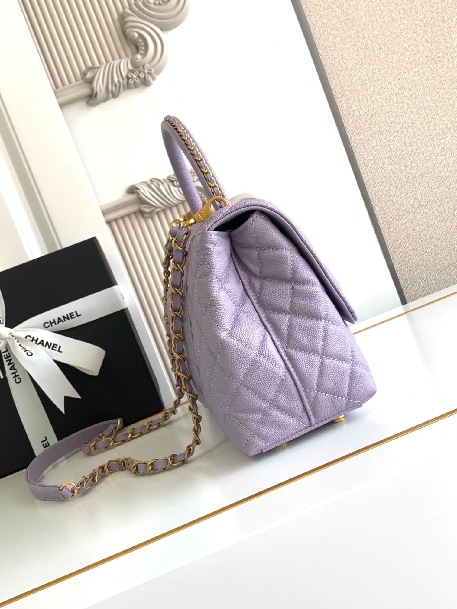 Medium FLAP BAG WITH TOP HANDLE Grained Calfskin A92991 Purple-binding Gold Metal A