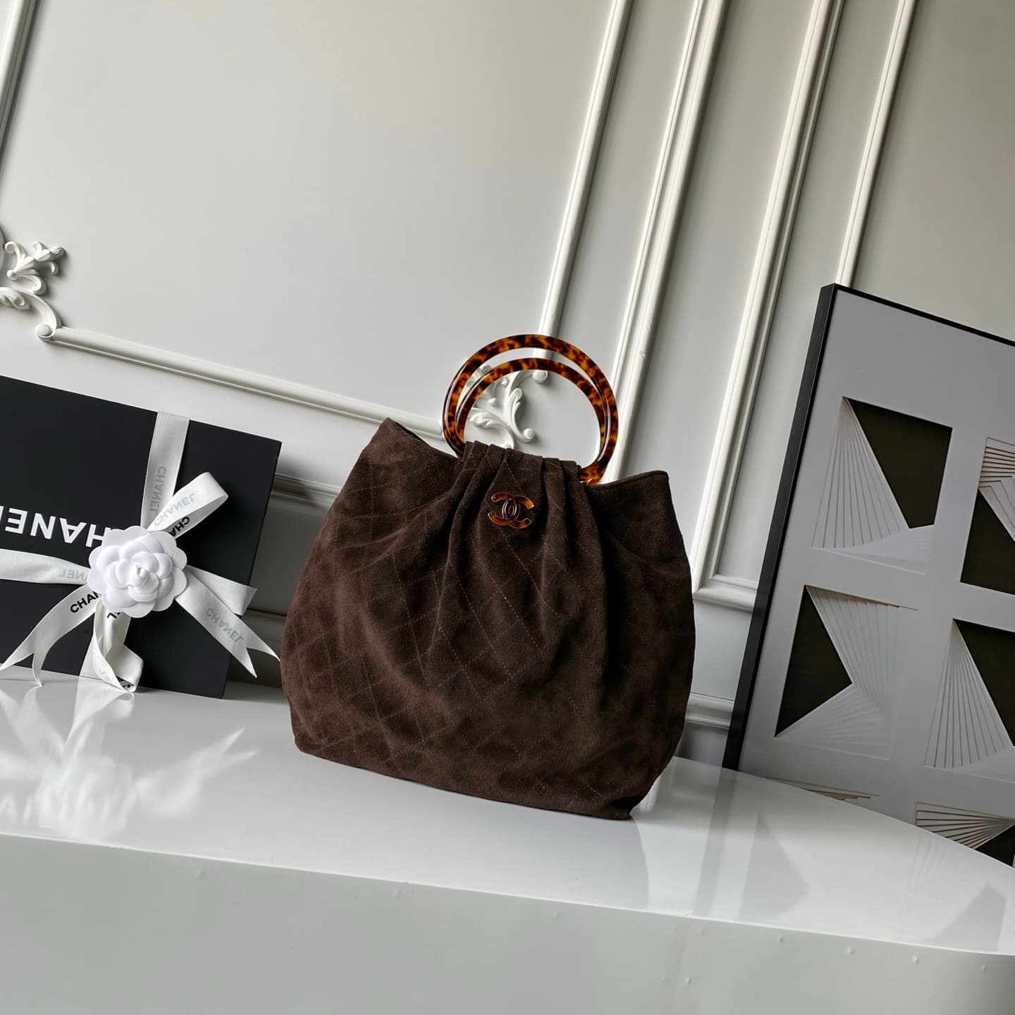 Chanel Medium Hobo Bag Suede Calfskin Turtoise-Shell Effect Plexi & Gold-Tone Metal Brown AS6010 High