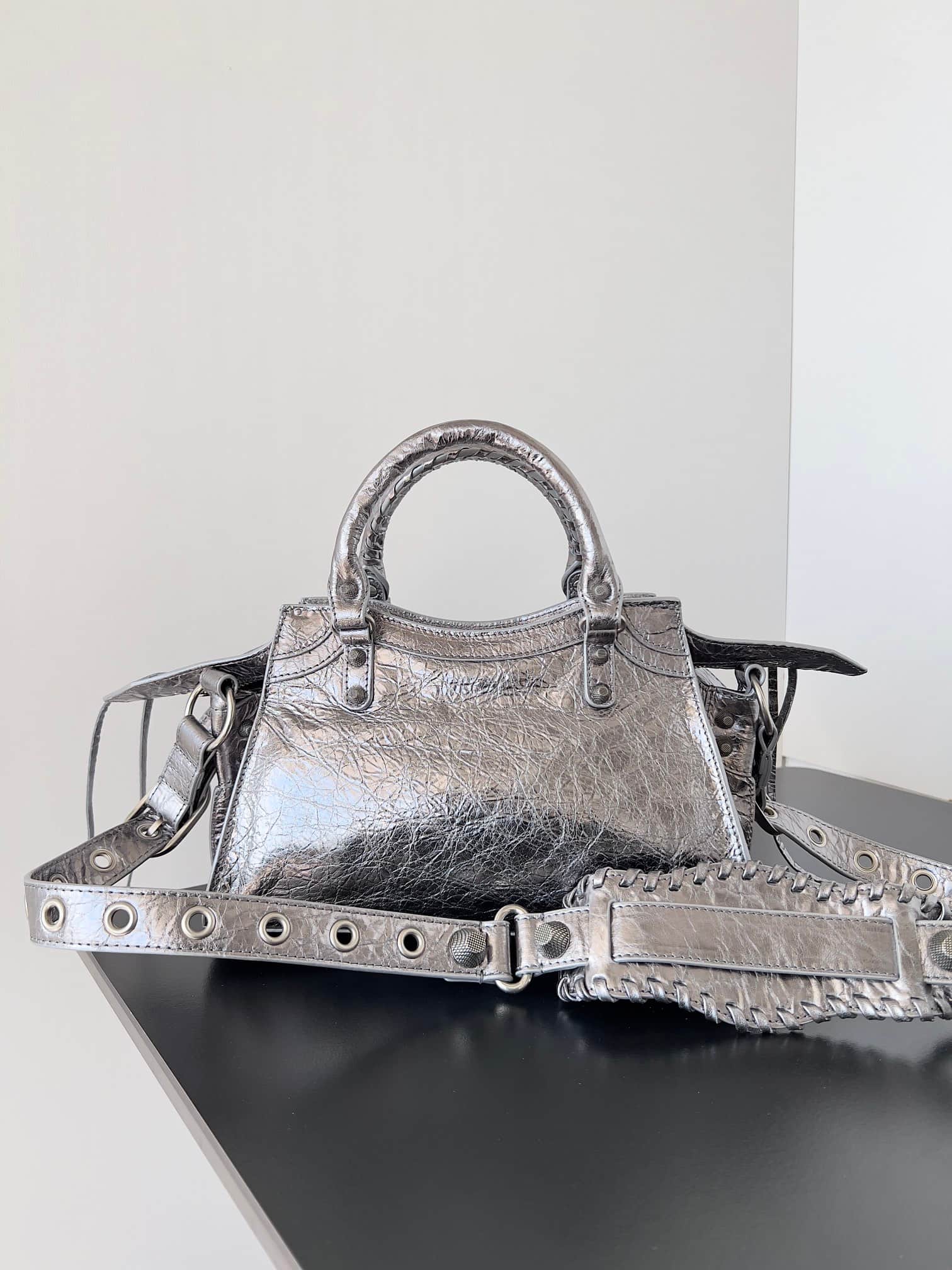 Balenciaga Small Neo Cagole City bag in Sliver lambskin leather High