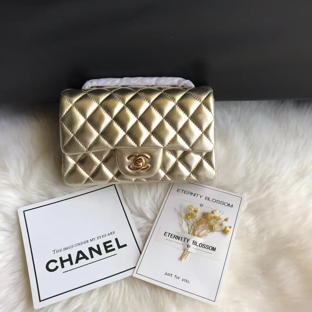 Chanel Classic Handbag Metallic Gold Quilted Lambskin Gold-Tone Metal A