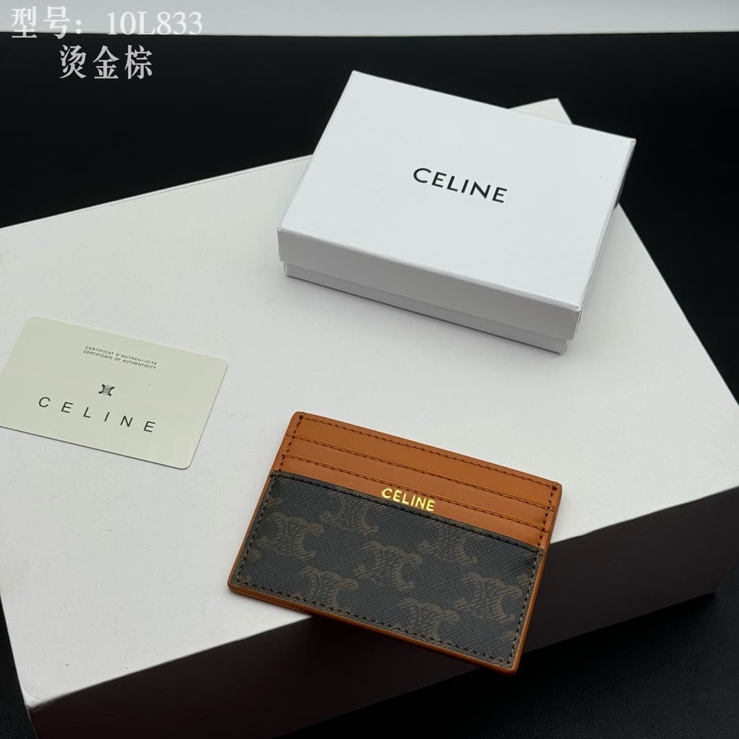 Celine Triomphe Canvas and Calfskin card holder in Caramel High