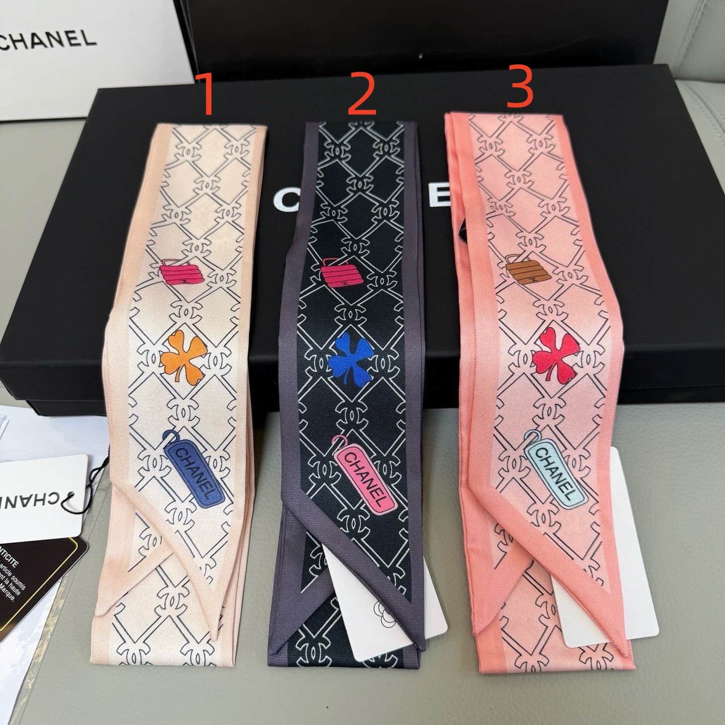 Chanel Pink Lucky Charm Silk Twilly Bandeau Scarf