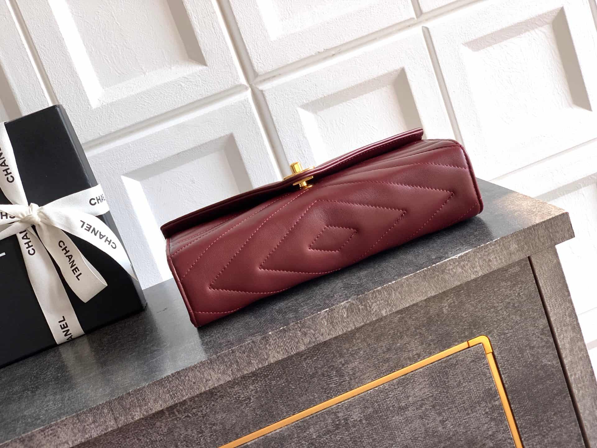 Chanel Flap Bag with Top Handle Chevron Lambskin& Gold-Tone Metal Claret AS6044 A
