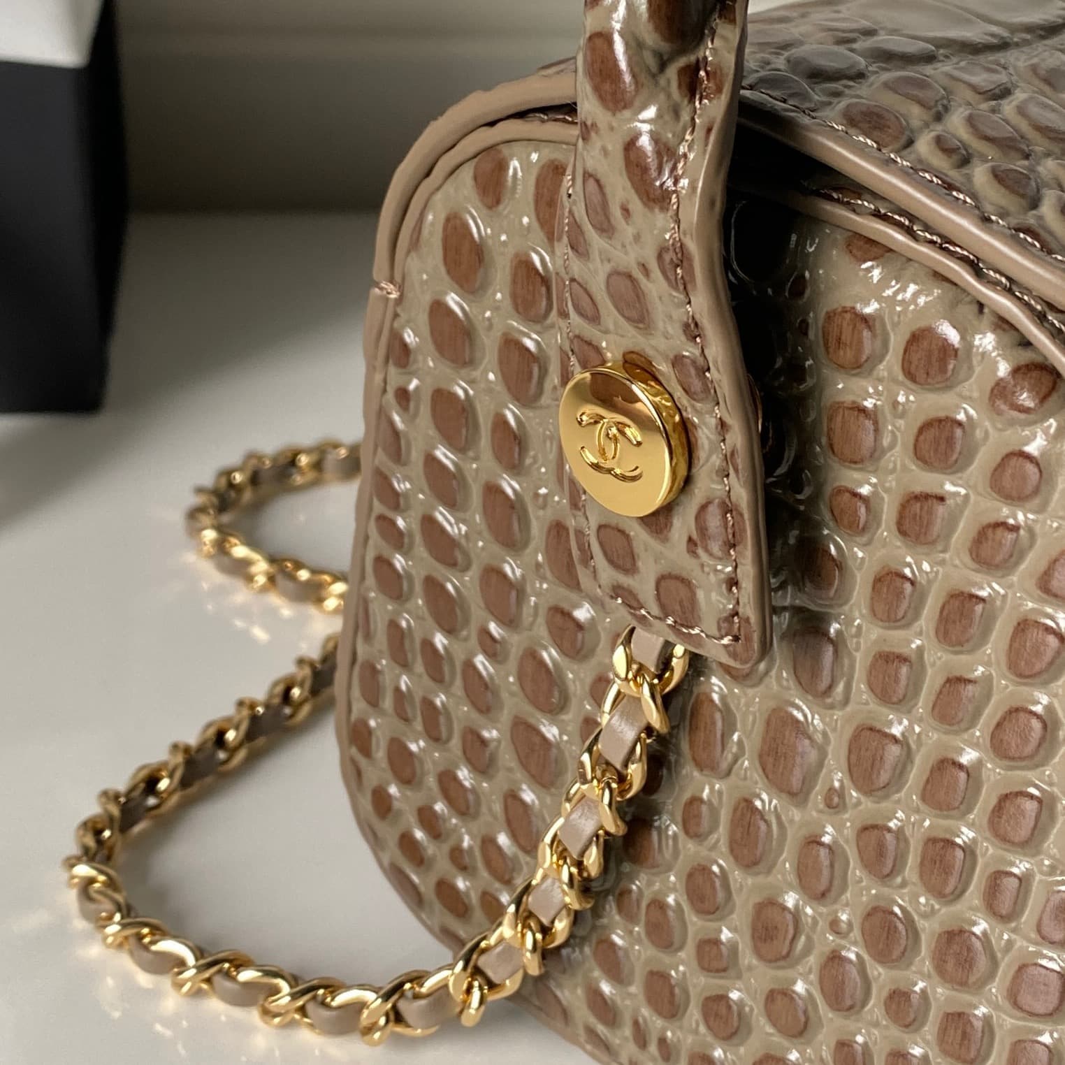 Chanel Clutch with chain Crocodile Embossed Calfskin & Gold-Tone Metal AP5294 Dark Khaki High
