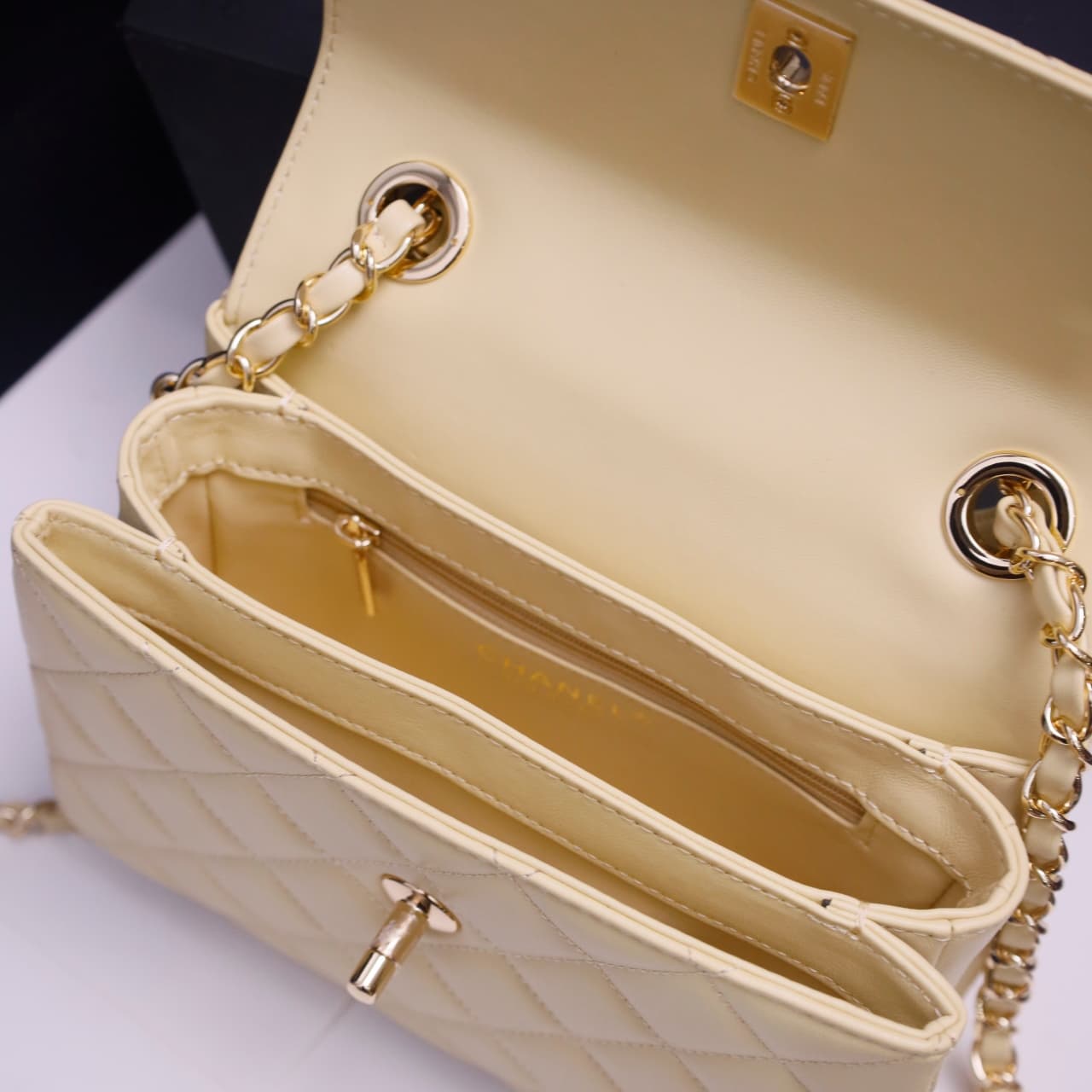 Chanel MINI FLAP BAG WITH TOP HANDLE AS4654 Lambskin &Gold-Tone Metal Light Yellow A