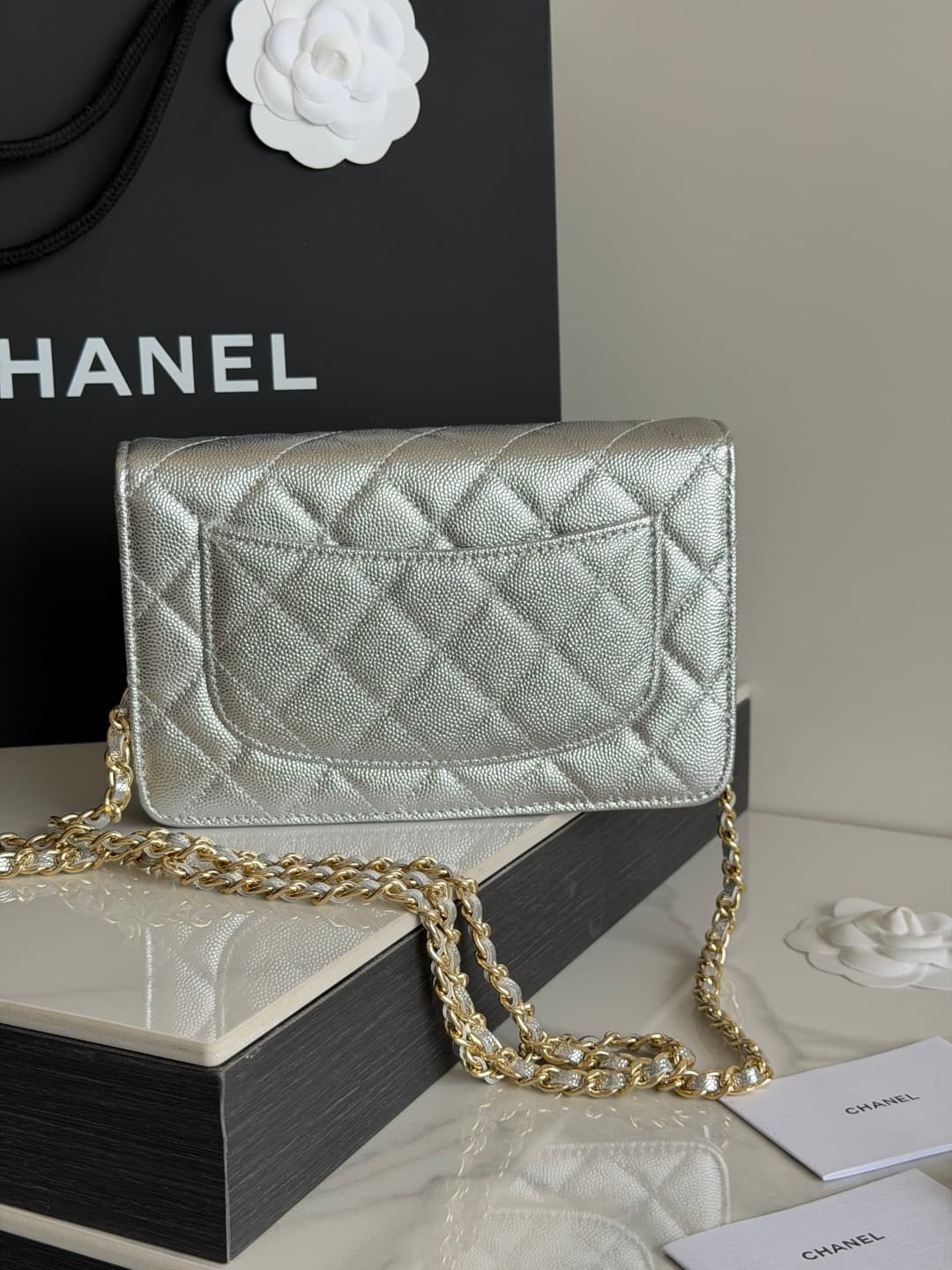 Chanel Wallet on Chain Shiny Grained Calfskin Strass & Gold-Tone Metal Silver AP5073 High