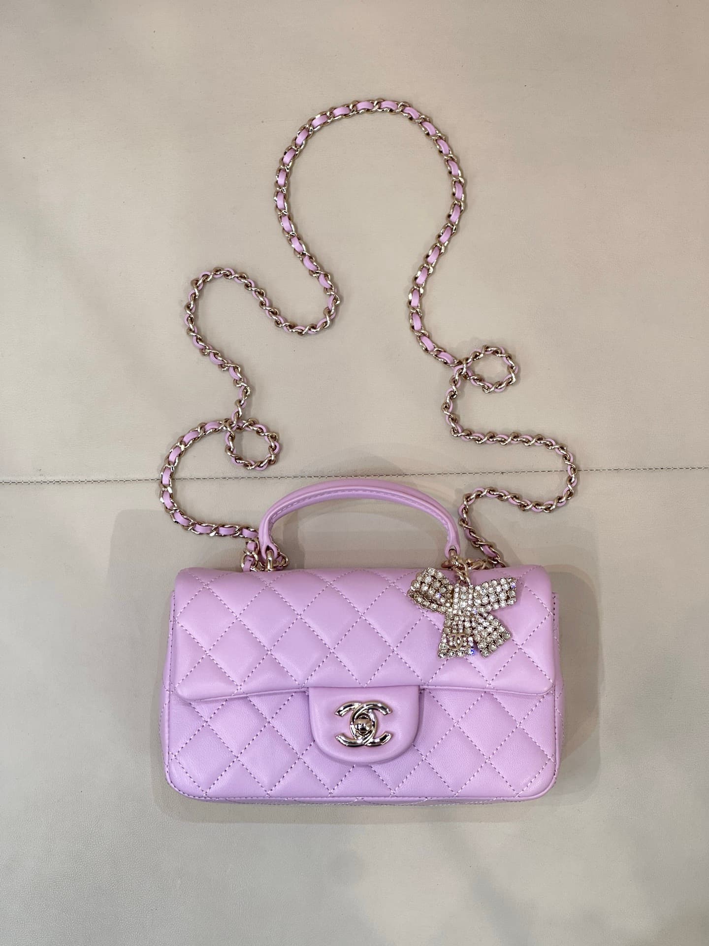 Chanel Mini Classic Handbag Lambskin Strass & Gold-Tone Metal AS2431 light purple TOP