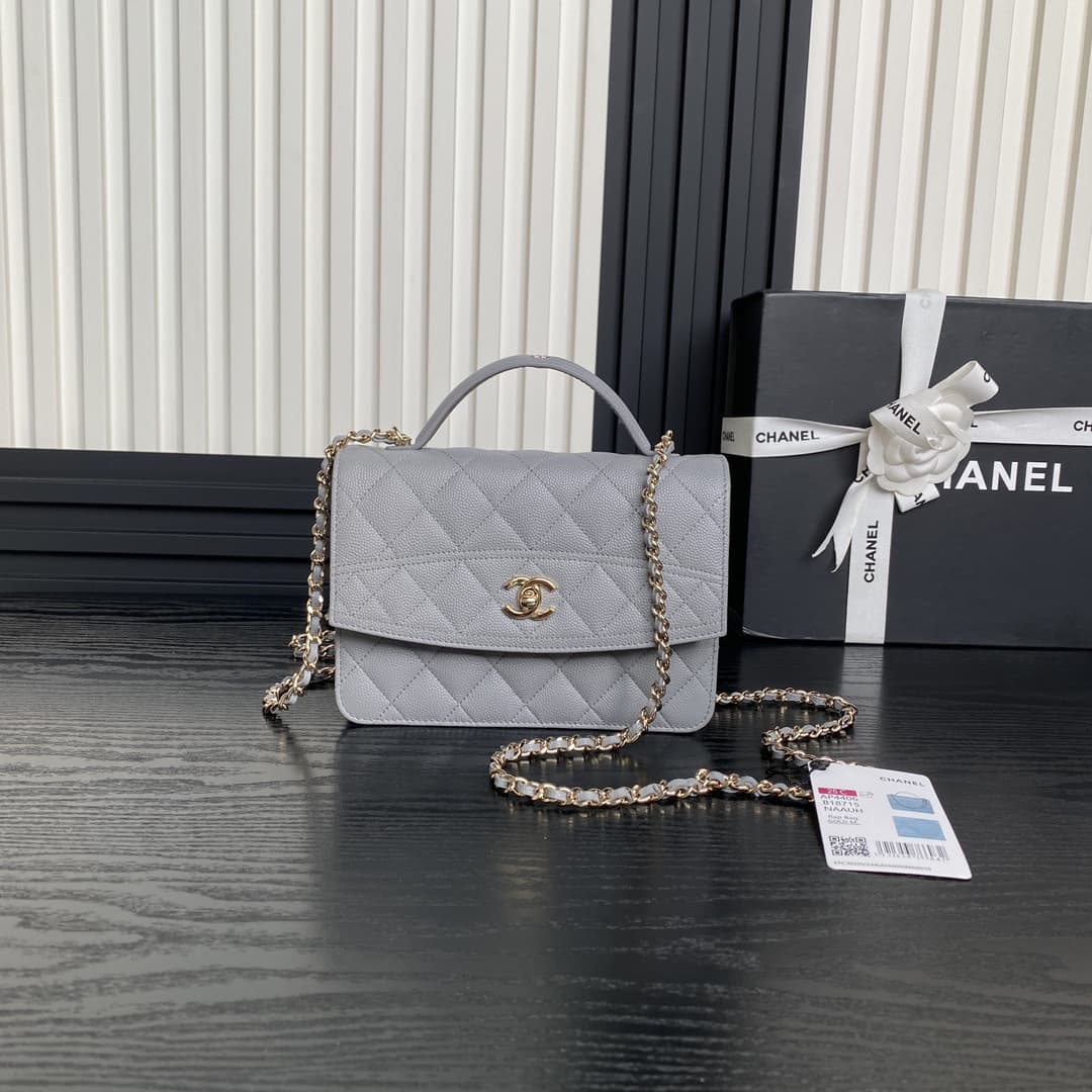 Chanel Mini Flap Clutch with Chain AP4406 Grained Calfskin & Gold-Tone Metal Grey A
