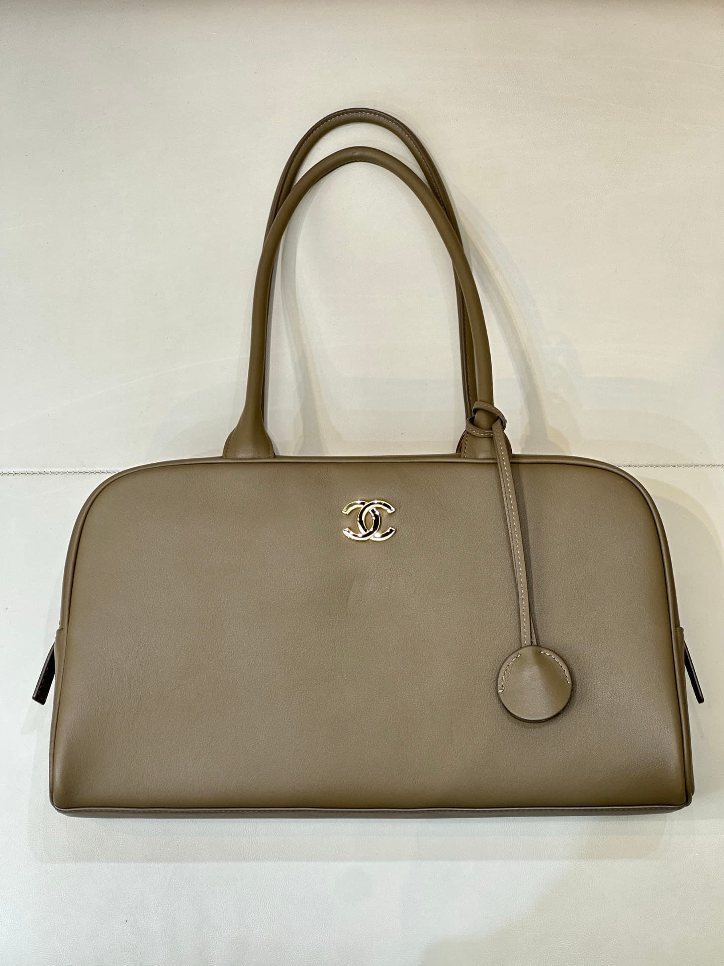 Chanel Large Bowling Bag Calfskin & Gold-Tone Metal Khaki Green AS6211 TOP