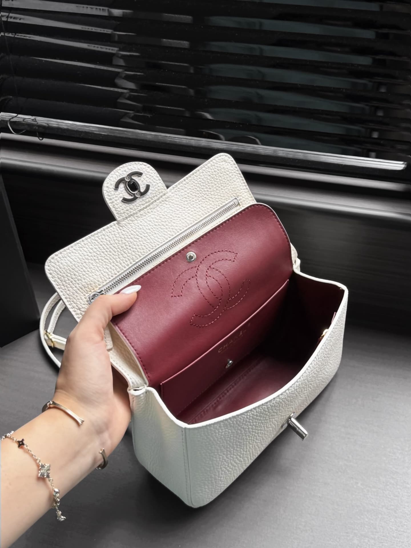 CHANEL Mini flap bag Grained Calfskin&Silver-tone metal White AS6573 A