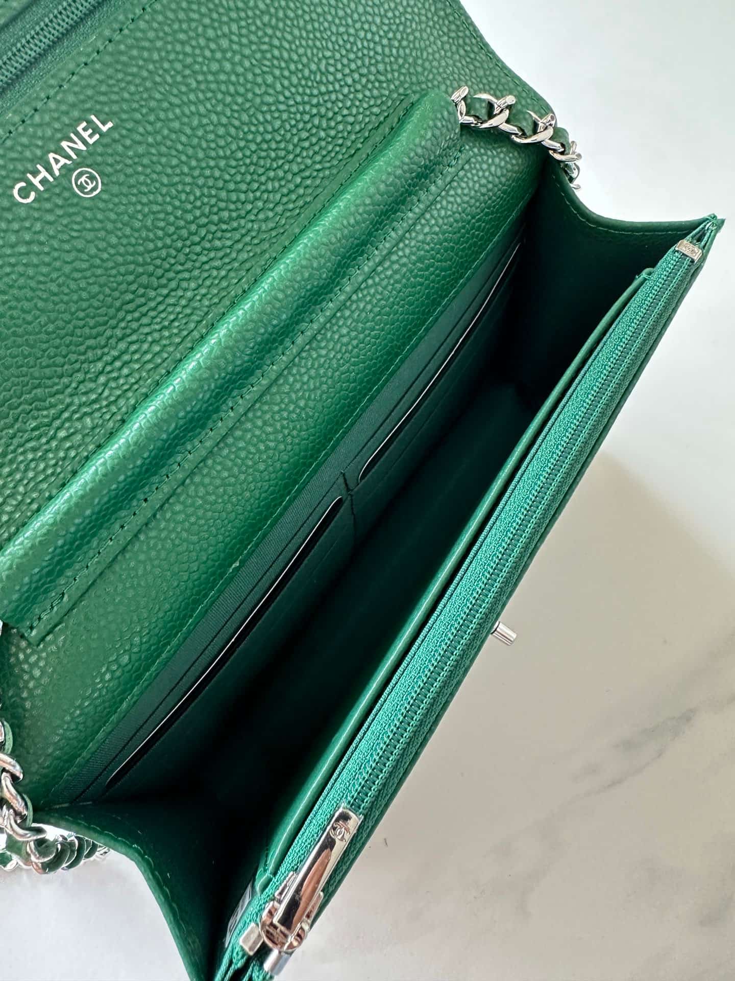 Chanel Classic Wallet on Chain Grained Shiny Calfskin & Silver-Tone Metal AP4241 Green High