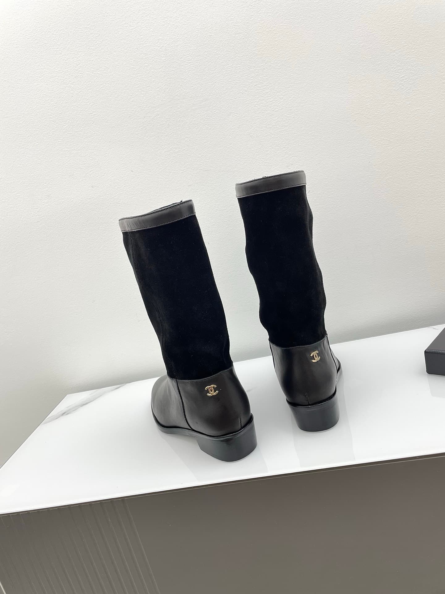 Chanal Calfskin Suede CC Knee Boots Women