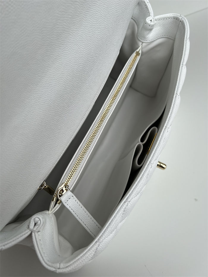Medium FLAP BAG WITH TOP HANDLE Grained Calfskin White-binding Gold Metal High