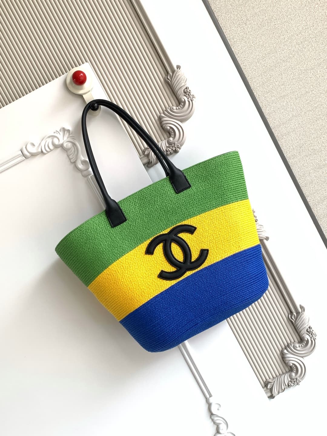 Chanel Coco Beach Shopping Bag Raffia & Calfskin Green Yellow & Blue A