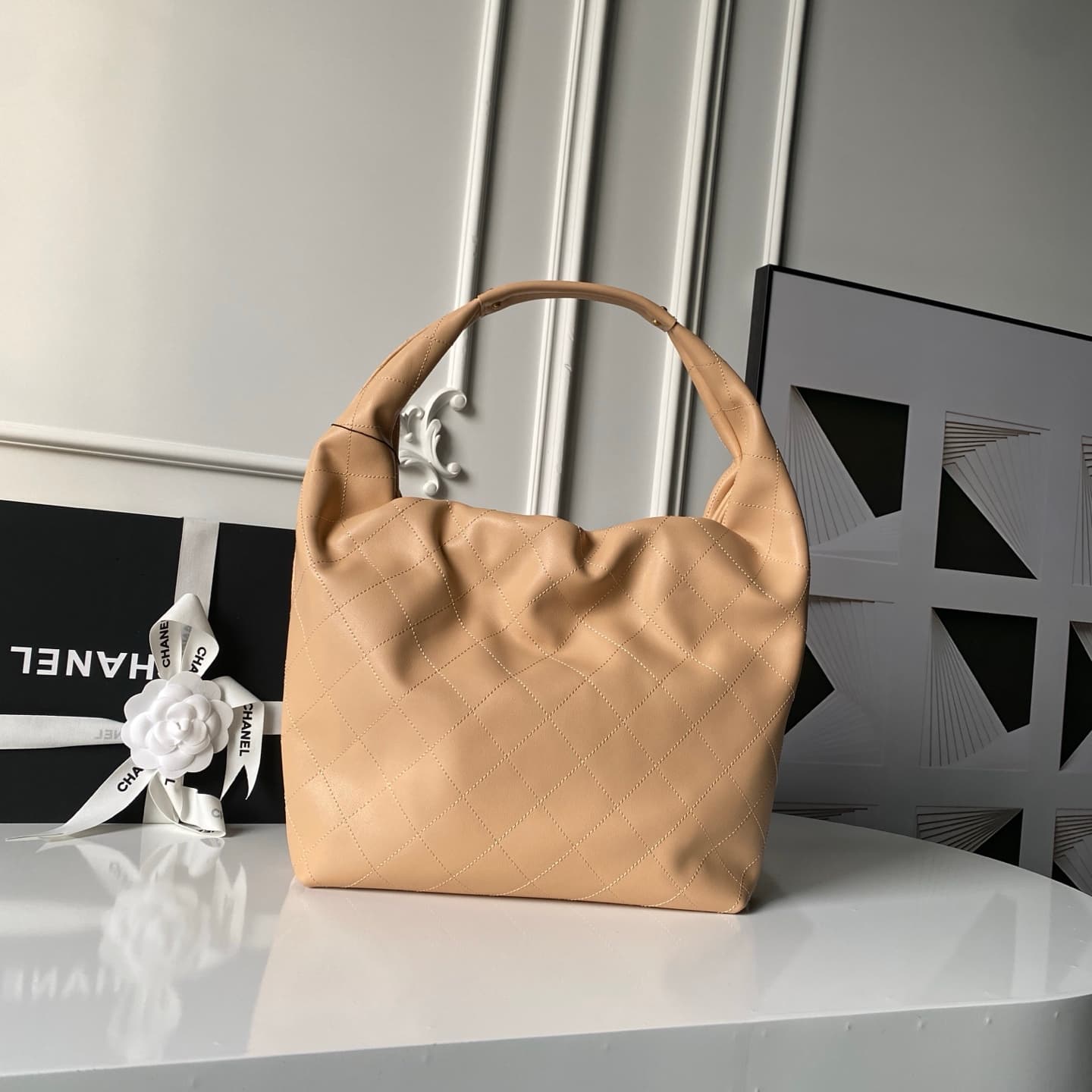 Chanel Hobo Handbag Calfskin & Gold-Tone Metal AS5967 Beige A