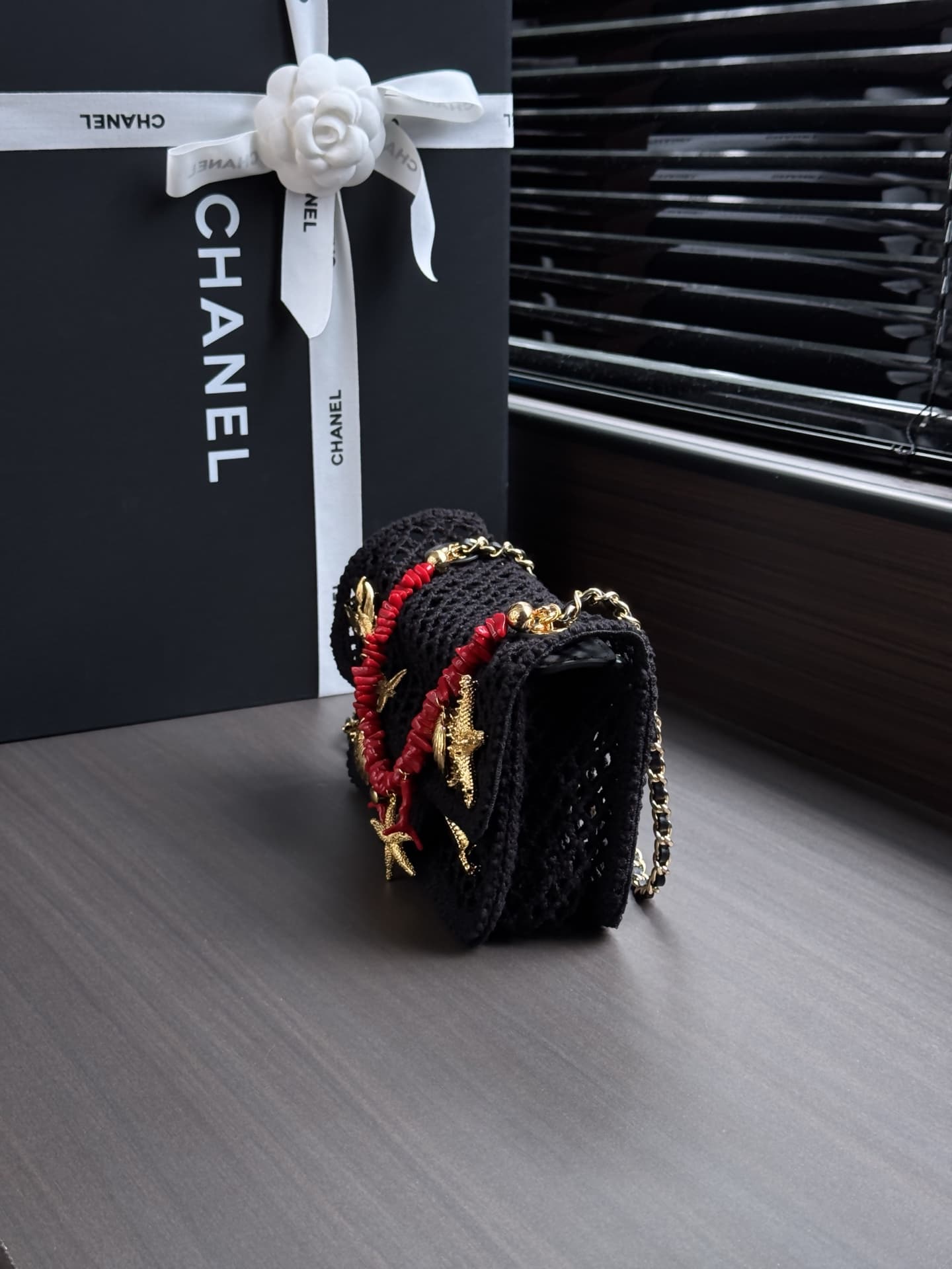 CHANEL Coco Beach Small Flap Bag Mesh, Charms & Gold-Tone Metal AS6156 A