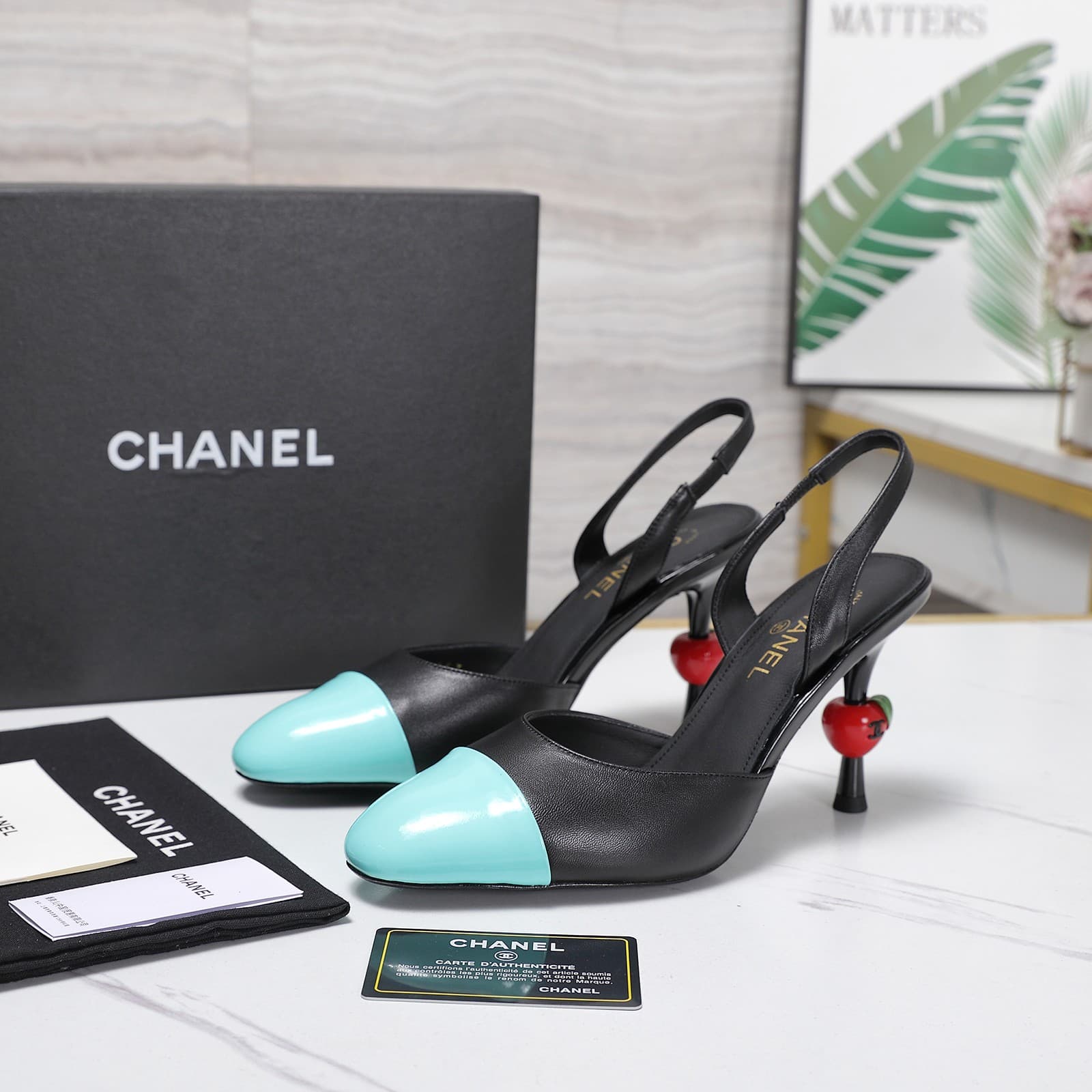 Chanel Lambskin Patent Cap Toe CC Slingback Pumps