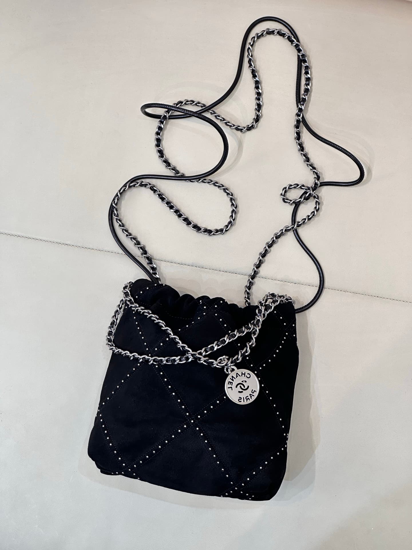 Chanel 22 MINI HANDBAG Suede Black &Silver-Tone Metal AS3980 TOP