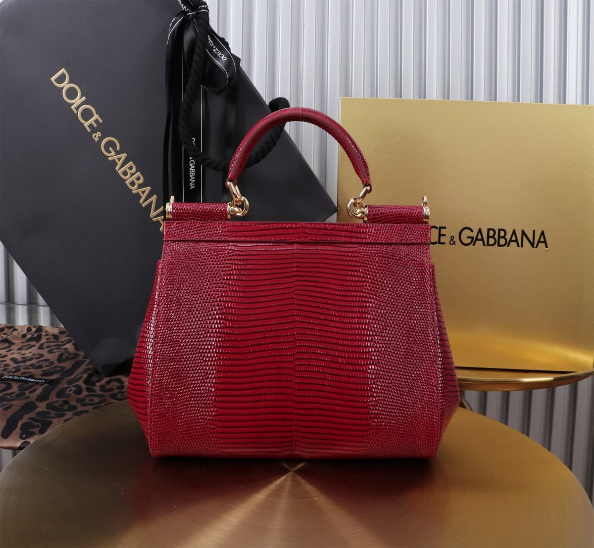 Sicily Handbag 20cm in Iguana Print Calfskin and Crystal DG Logo Patch High