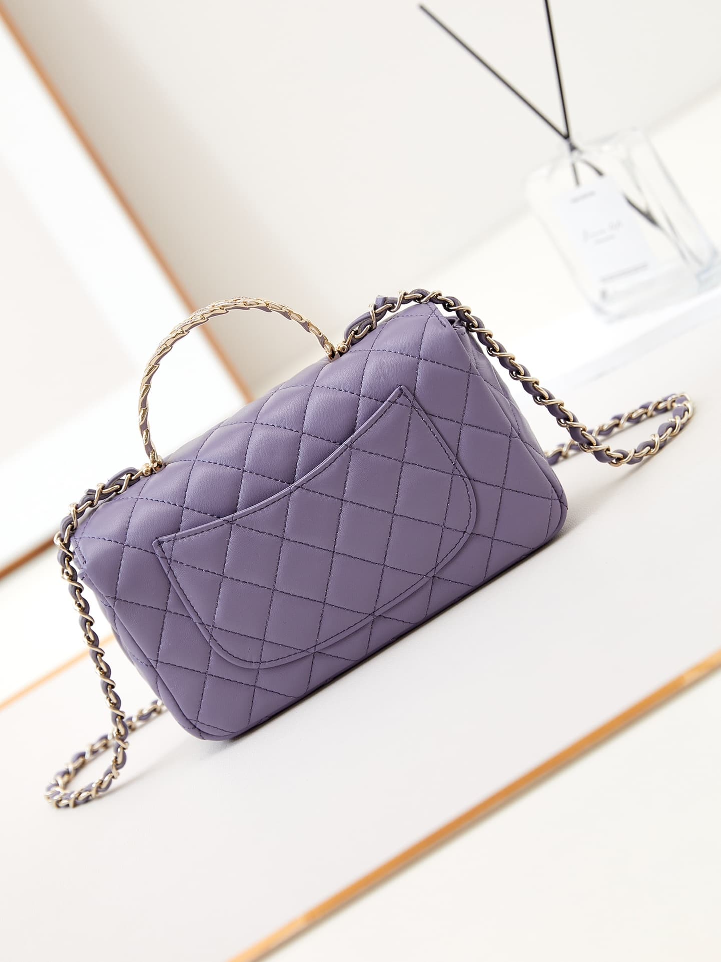 Chanel Mini Flap Bag with Top Handle Lambskin& Gold-Tone Metal Purple AS4924 A