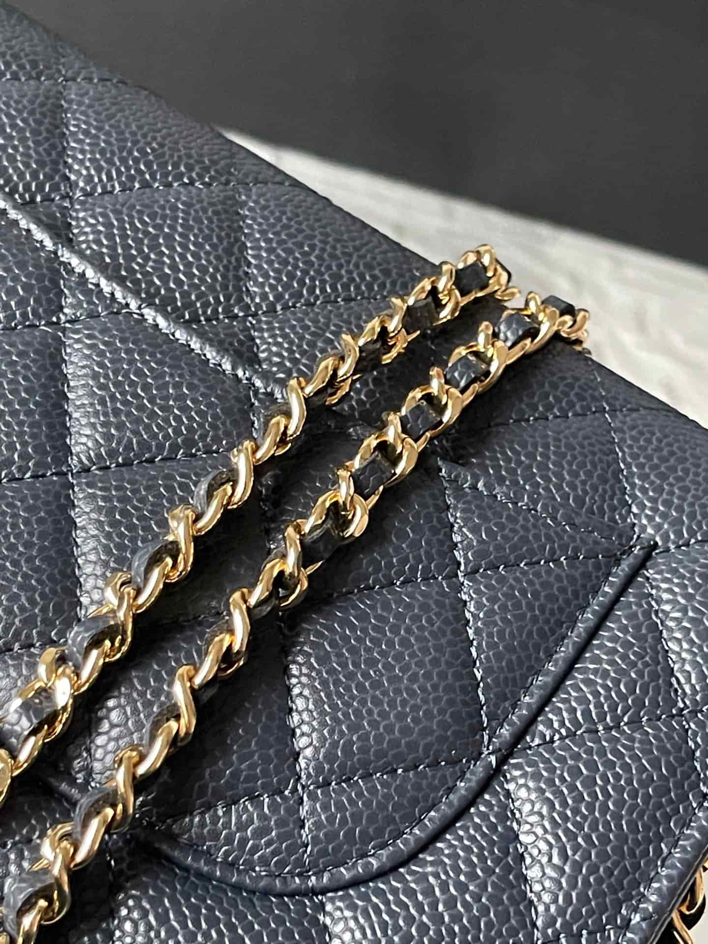 Chanel Classic Wallet on Chain Grained Shiny Calfskin & Gold-Tone Metal AP4241 Dark Blue A