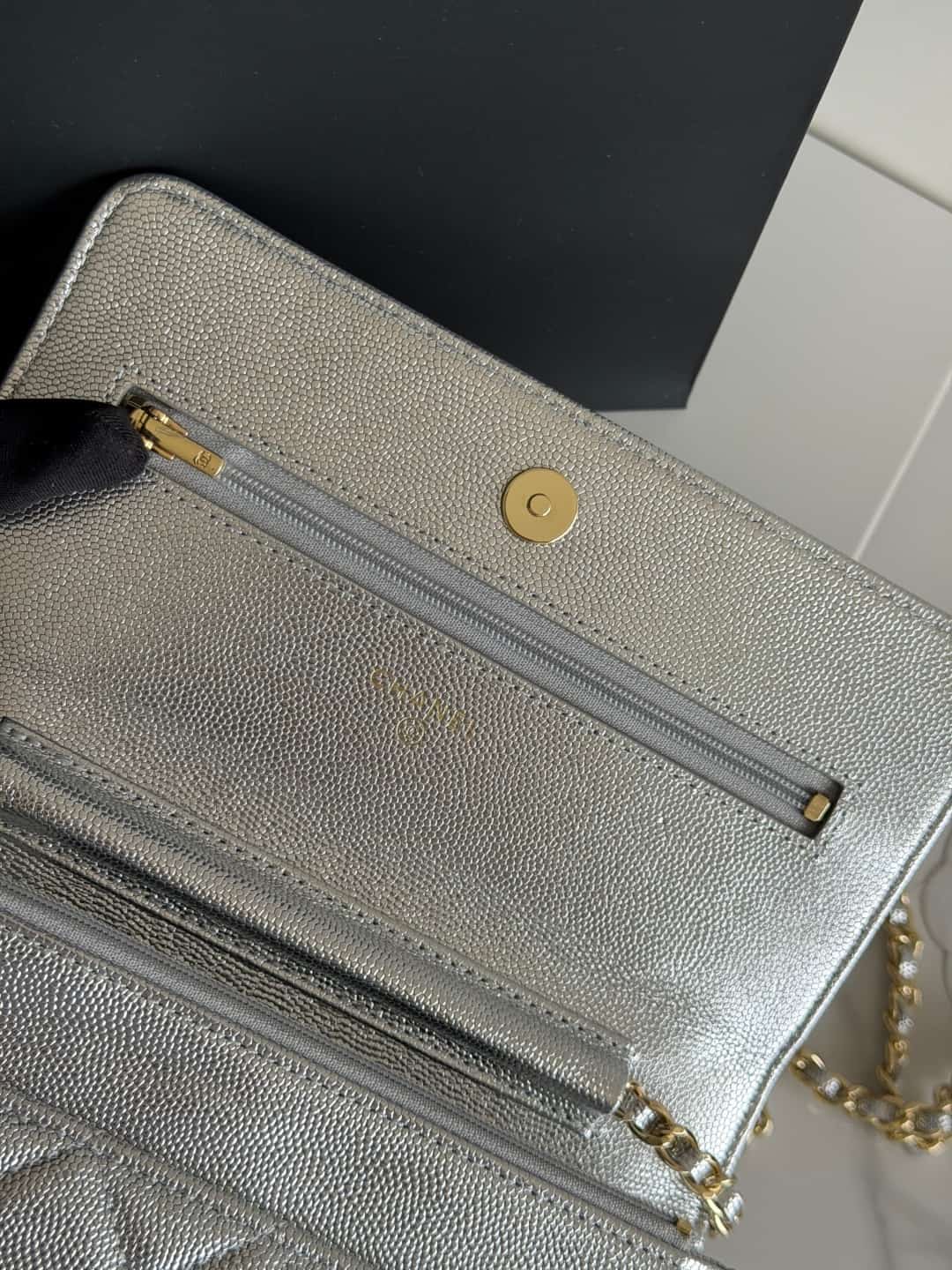 Chanel Wallet on Chain Shiny Grained Calfskin Strass & Gold-Tone Metal Silver AP5073 High