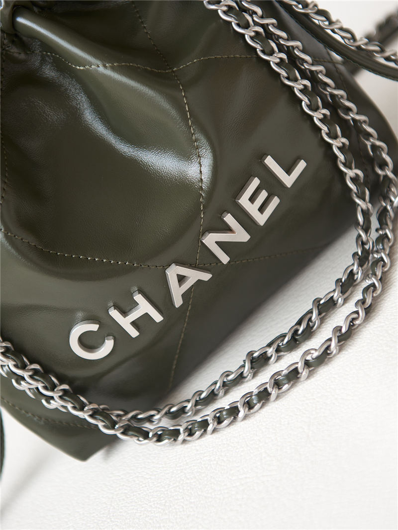 Chanel 22 MINI HANDBAG Shiny Calfskin Olive & Silver-Tone Metal AS3980 A