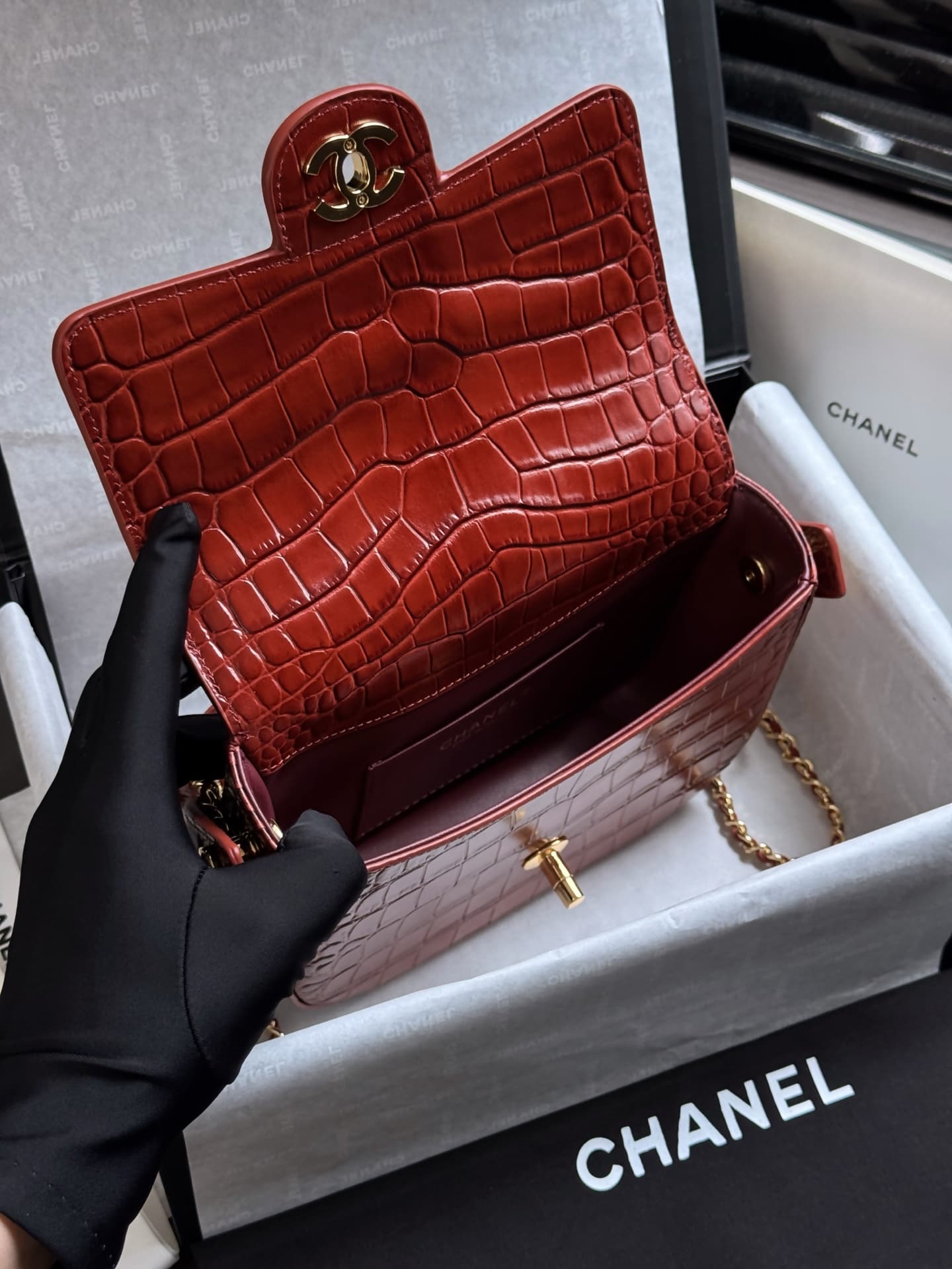 Chanel Mini Flap Bag with Top Handle Crocodile Embossed Calfskin & Gold-Tone Metal Red AS6424 A