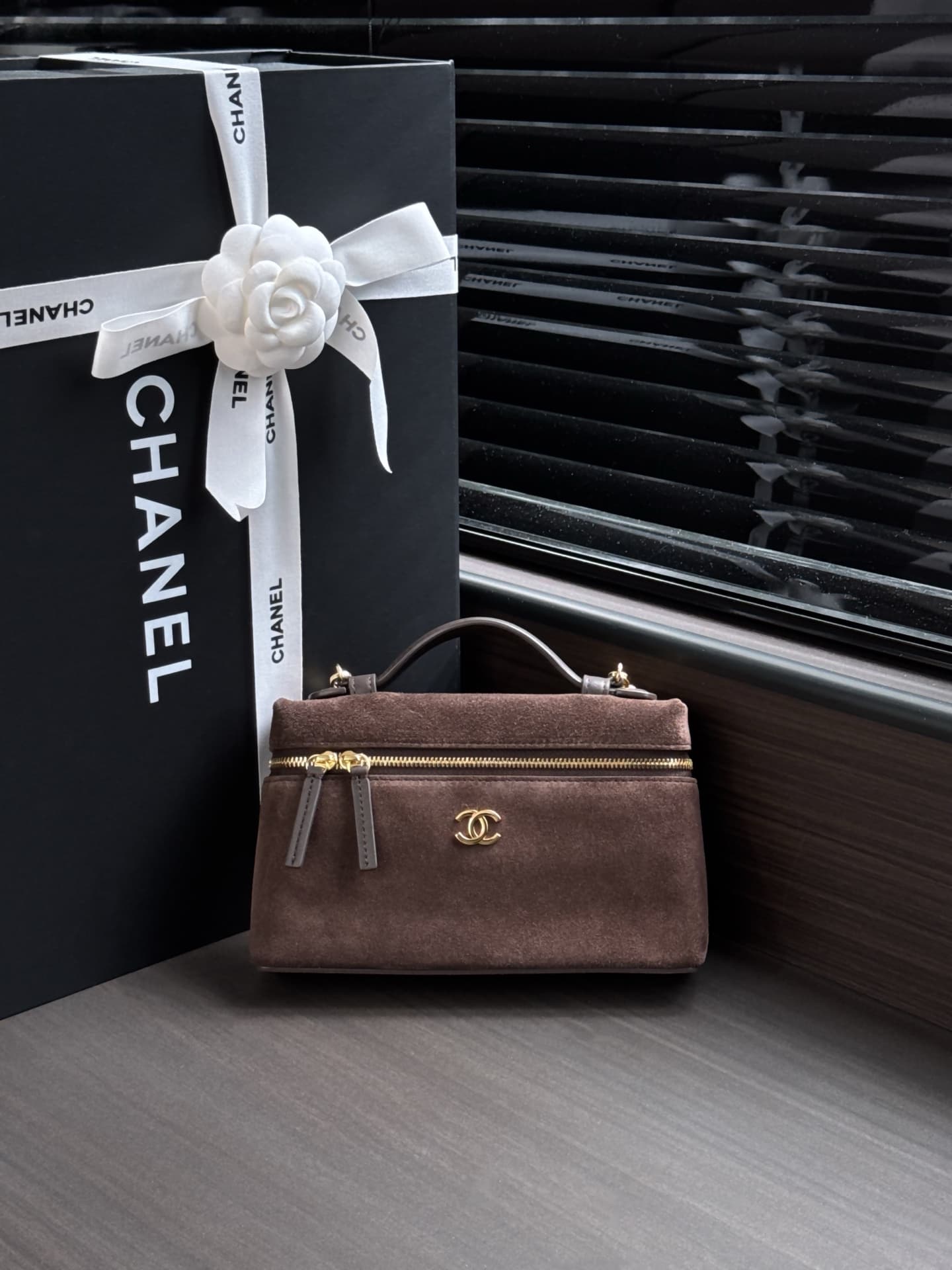 Chanel Small Vanity with Chain Suede Calfskin & Gold Metal Dark Brown AP5346 A