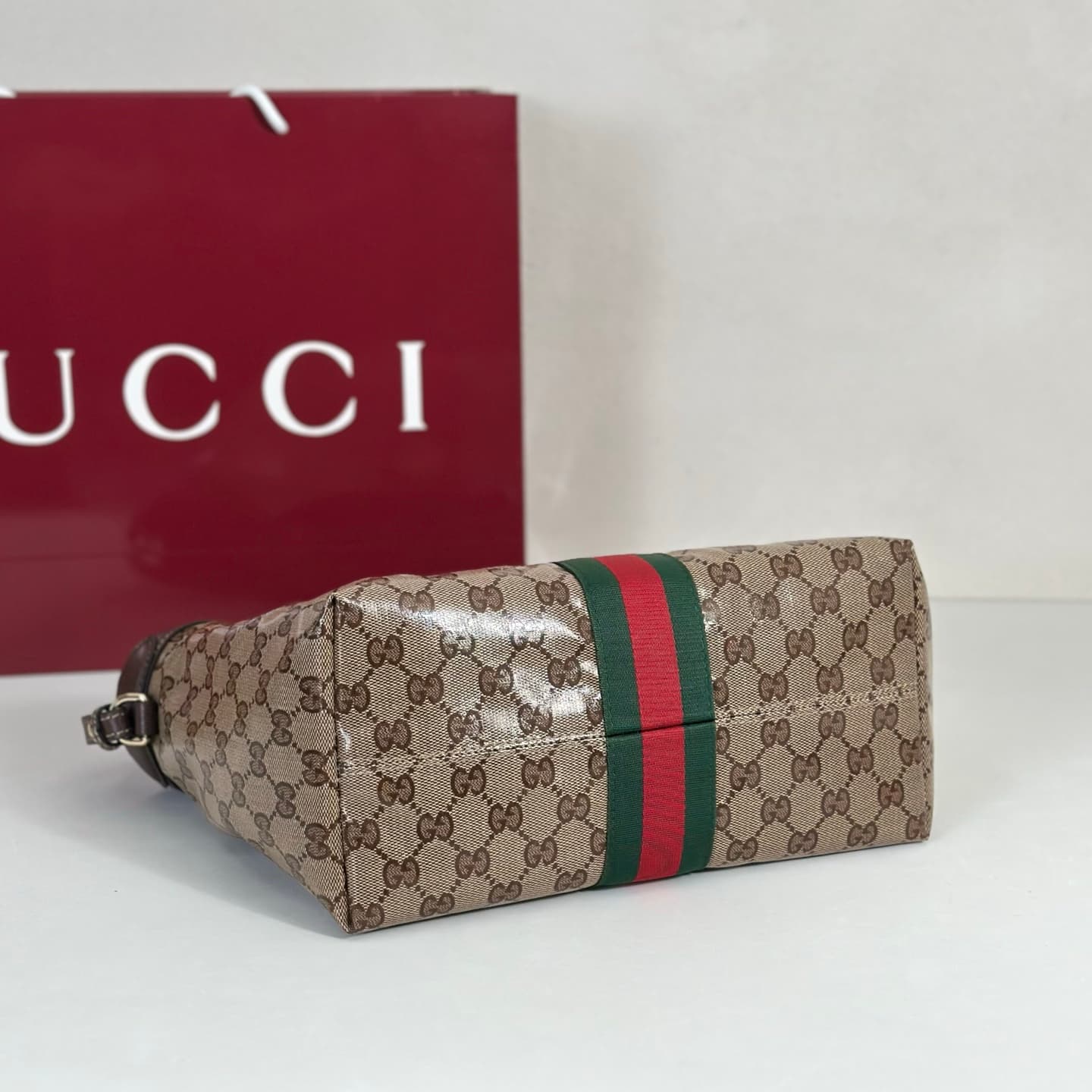 Gucci Giglio small tote bag Sand and dark brown soft, shiny coated GG fabric ‎860845 High