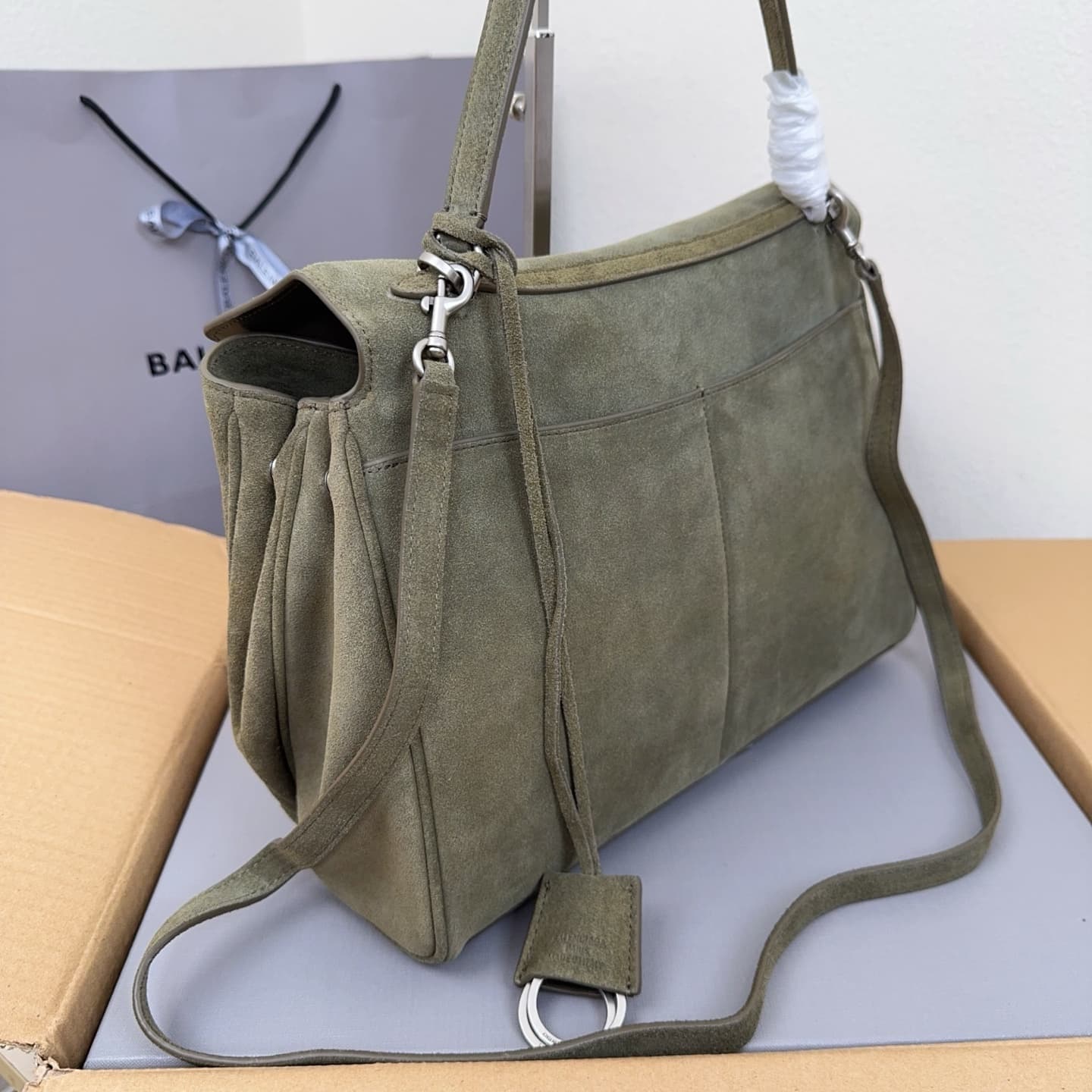 Balenciaga Rodeo Medium Bag in Khaki Waxed Suede Calfskin With Silver-Tone Metal High