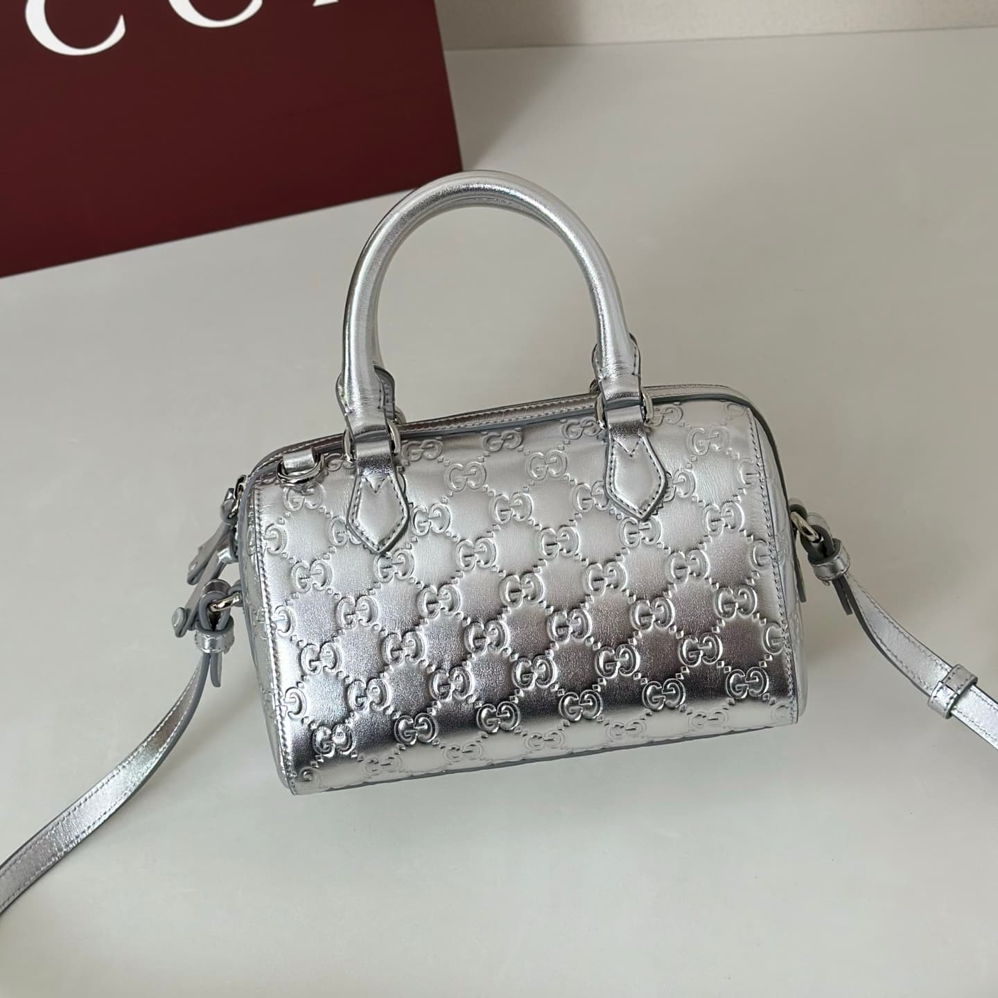 Gucci GG Emblem Small Boston Bag In Silver GG Leather 848889 High