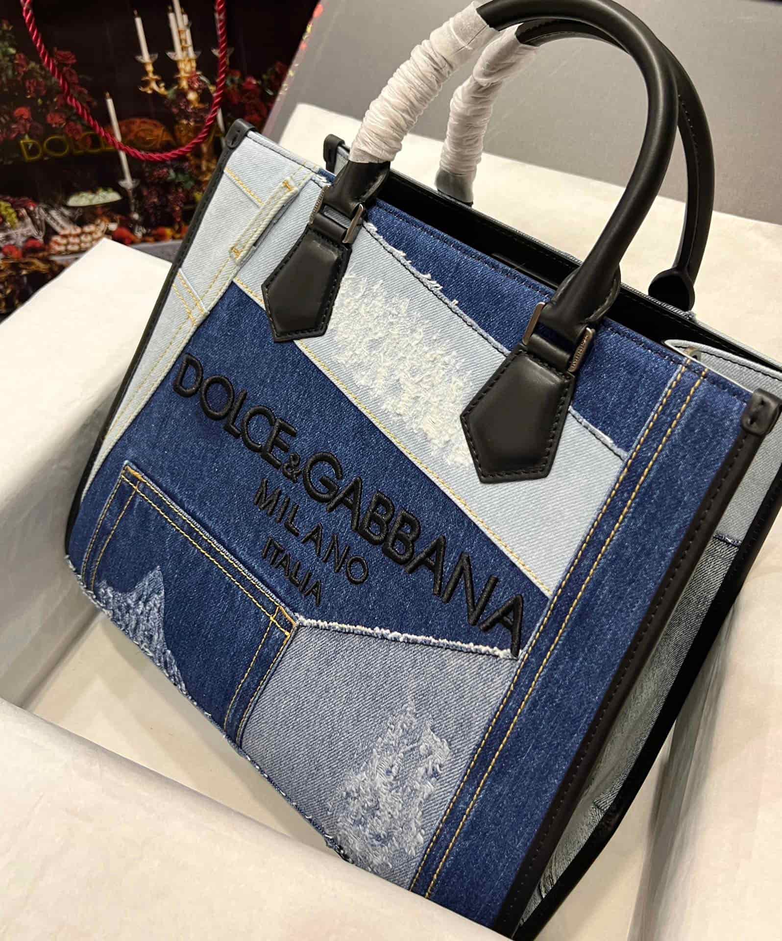 Dolce & Gabbana denim patchwork shopper bag in blue and black with calfskin leather high